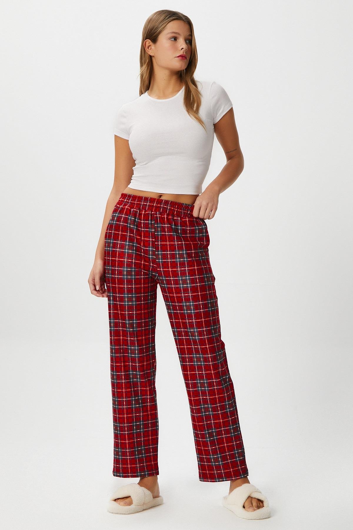 Kadın Teddi Ultra Yumuşak Cepli Kırmızı Ekose Desen Yılbaşı Pijama Altı