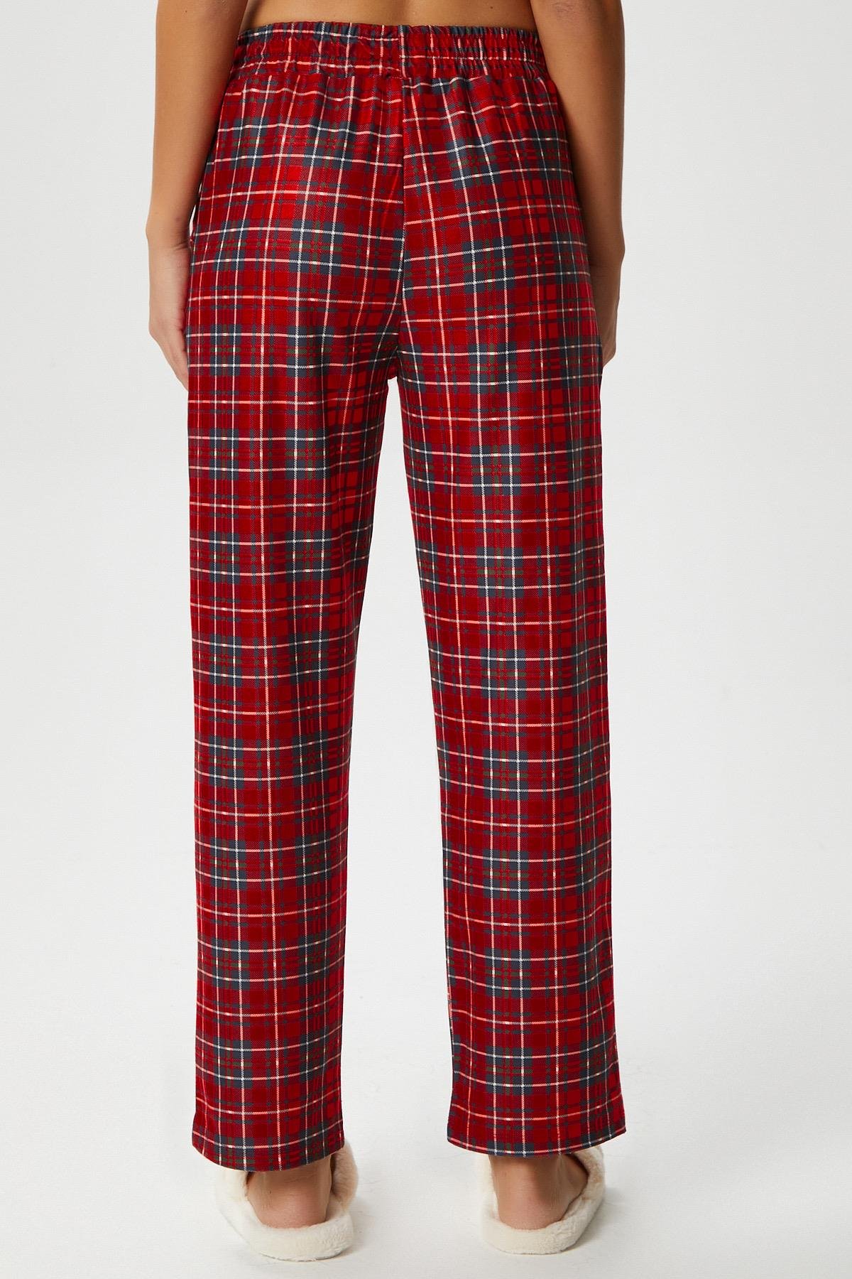Kadın Teddi Ultra Yumuşak Cepli Kırmızı Ekose Desen Yılbaşı Pijama Altı