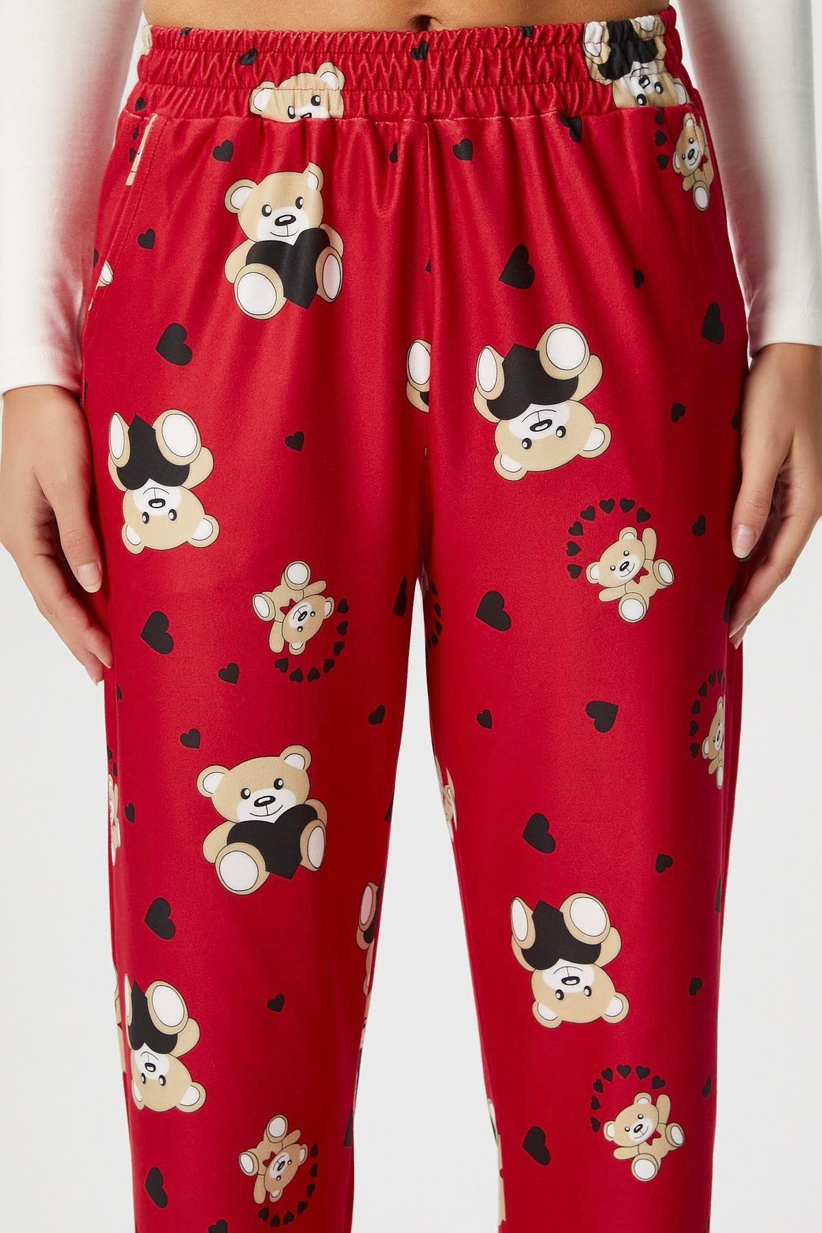 Kadın Teddi Ultra Yumuşak Cepli Kırmızı Ayıcık Desen Yılbaşı Pijama Altı