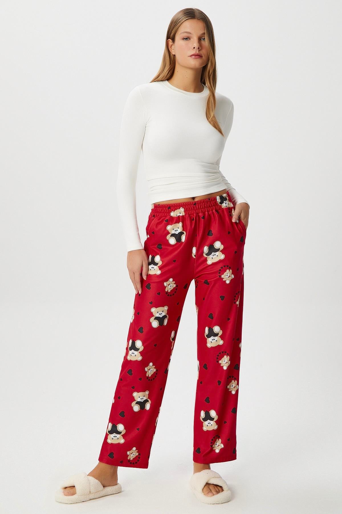 Kadın Teddi Ultra Yumuşak Cepli Kırmızı Ayıcık Desen Yılbaşı Pijama Altı