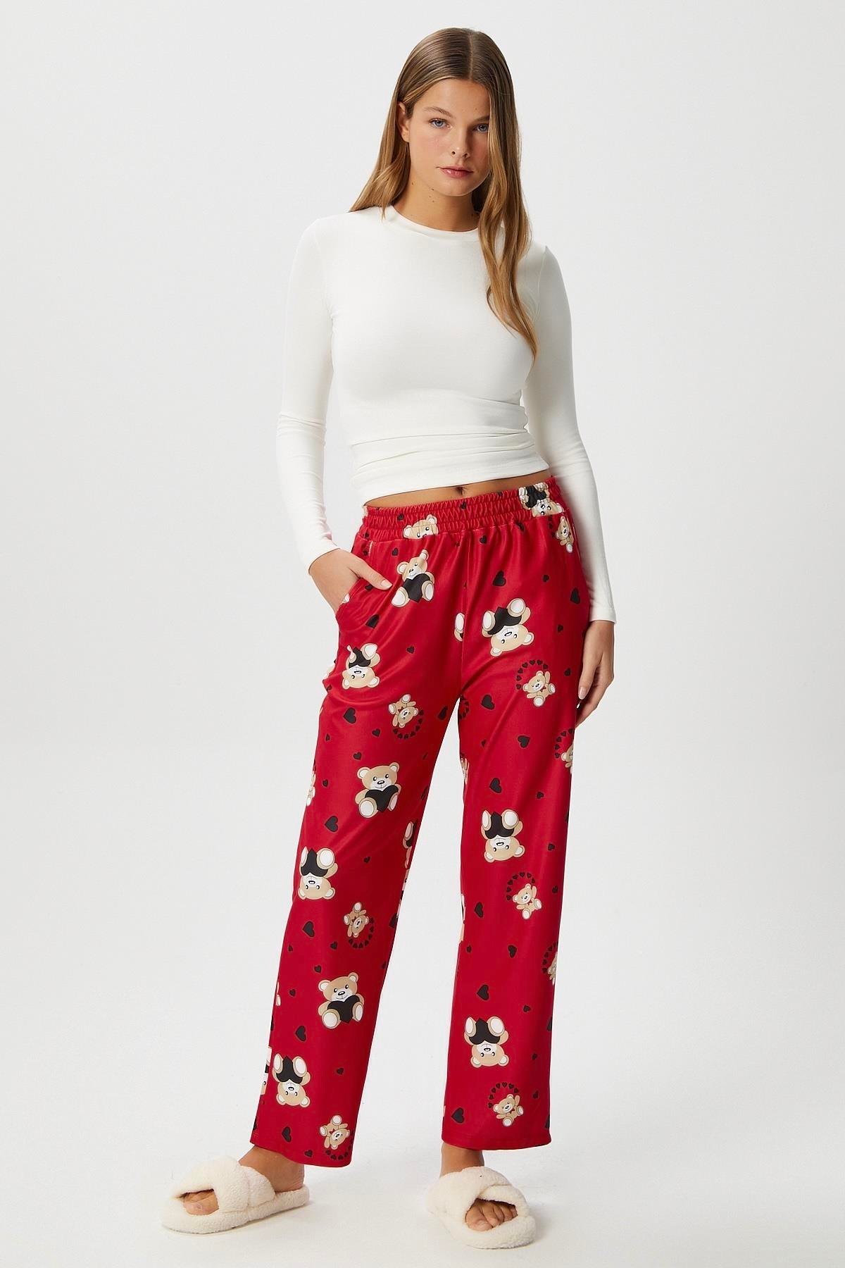 Kadın Teddi Ultra Yumuşak Cepli Kırmızı Ayıcık Desen Yılbaşı Pijama Altı