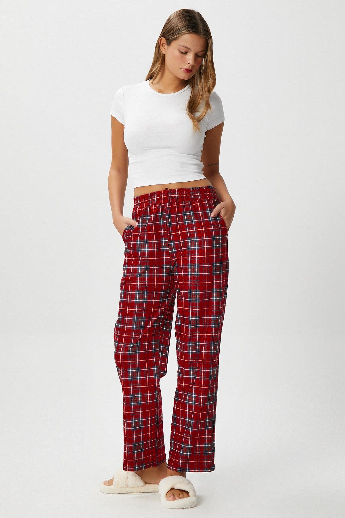 Kadın Teddi Ultra Yumuşak Cepli Kırmızı Ekose Desen Yılbaşı Pijama Altı