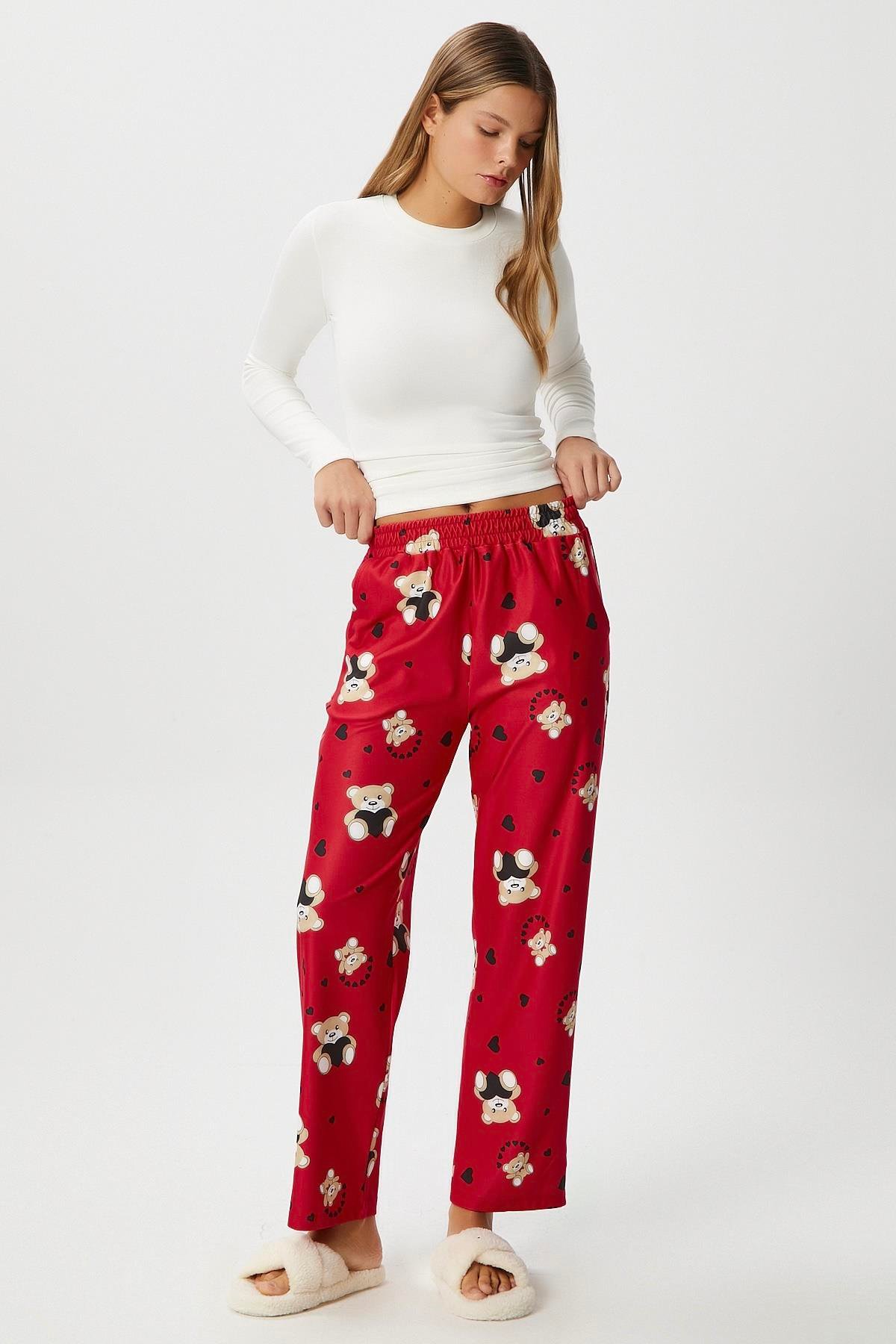 Kadın Teddi Ultra Yumuşak Cepli Kırmızı Ayıcık Desen Yılbaşı Pijama Altı