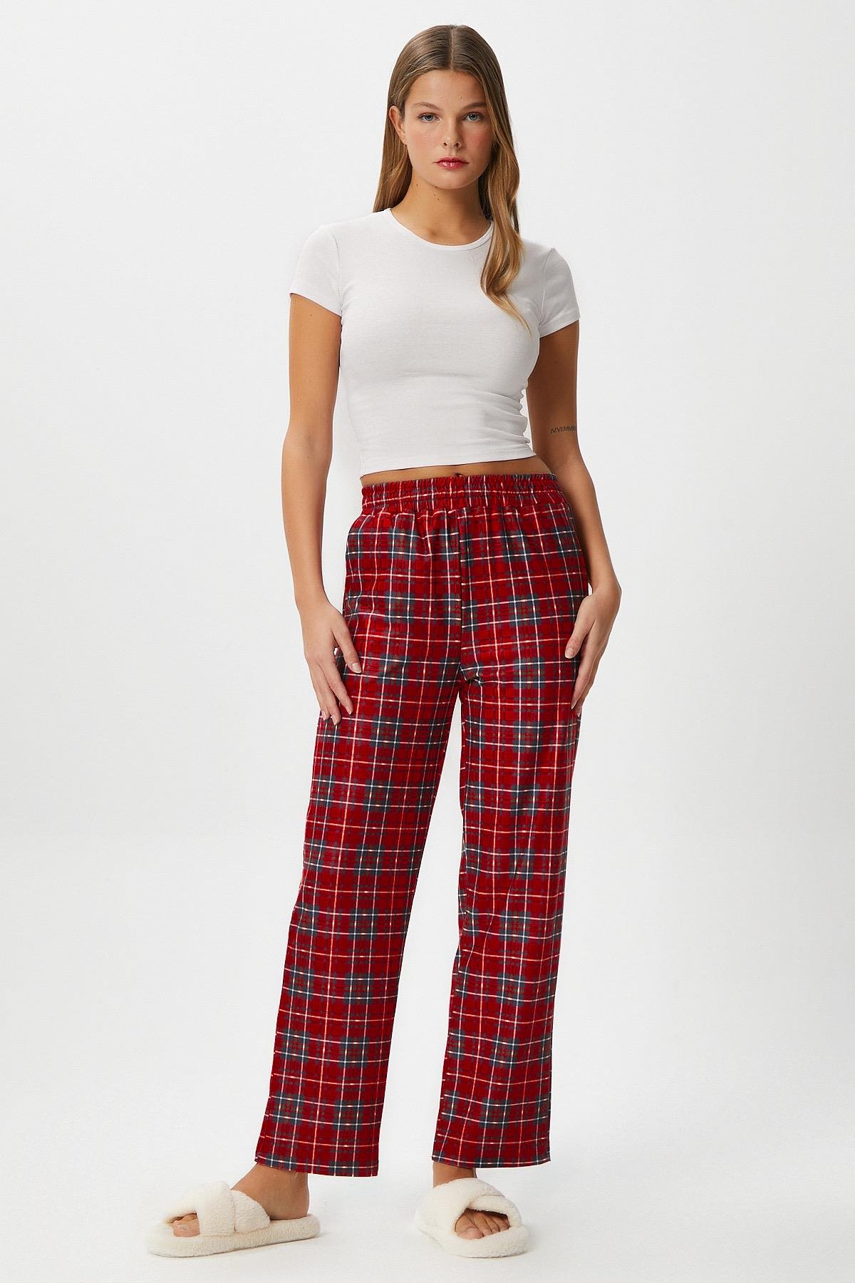 Kadın Teddi Ultra Yumuşak Cepli Kırmızı Ekose Desen Yılbaşı Pijama Altı