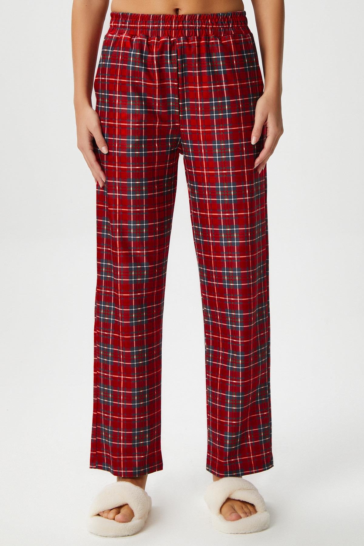 Kadın Teddi Ultra Yumuşak Cepli Kırmızı Ekose Desen Yılbaşı Pijama Altı