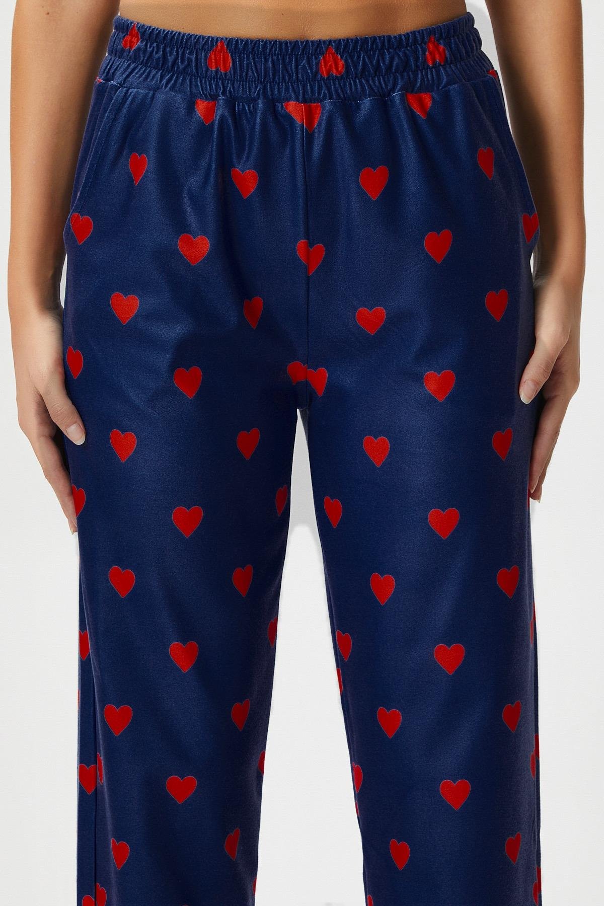Kadın Teddi Ultra Yumuşak Cepli Lacivert Kalp Desen Yılbaşı Pijama Altı