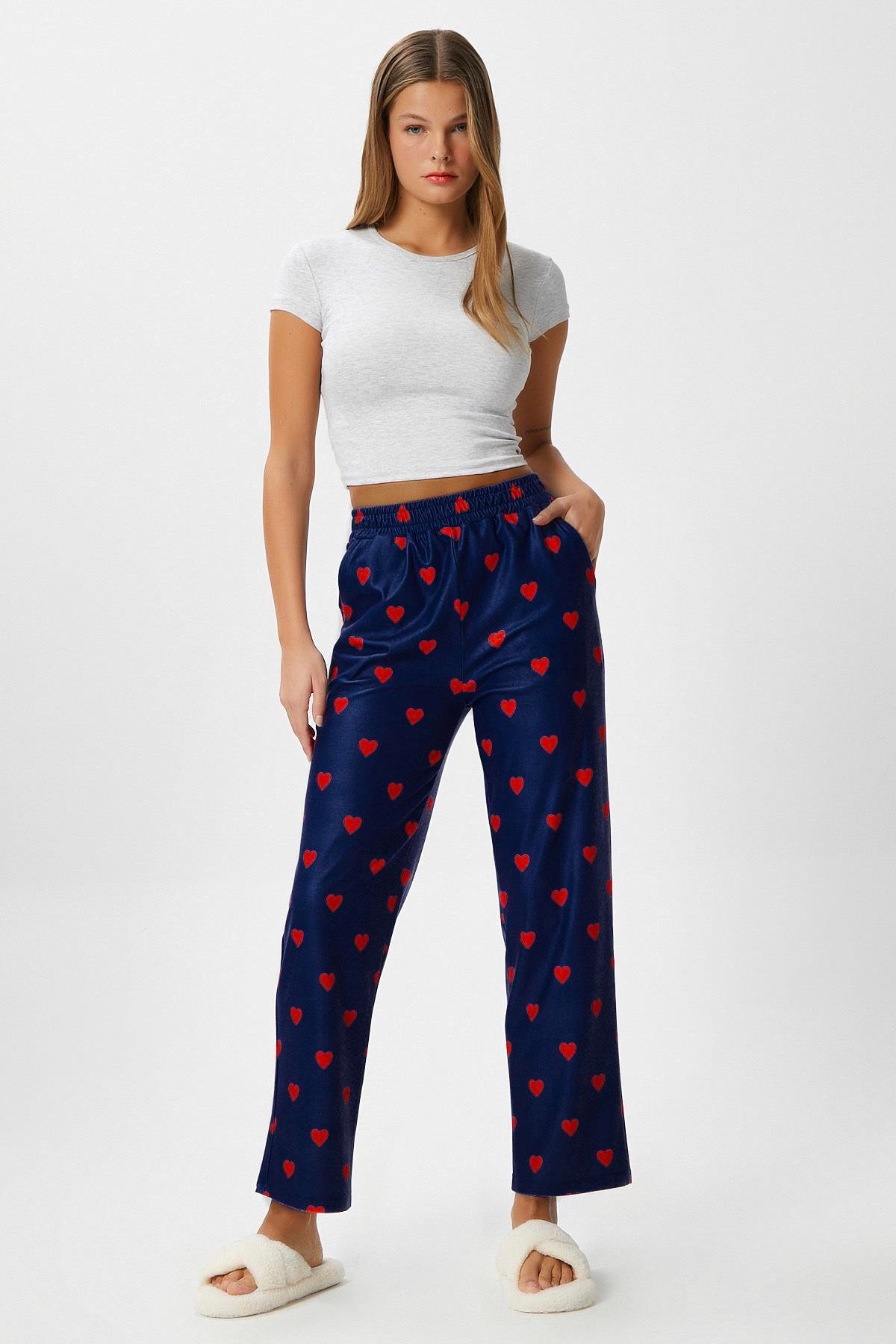 Kadın Teddi Ultra Yumuşak Cepli Lacivert Kalp Desen Yılbaşı Pijama Altı