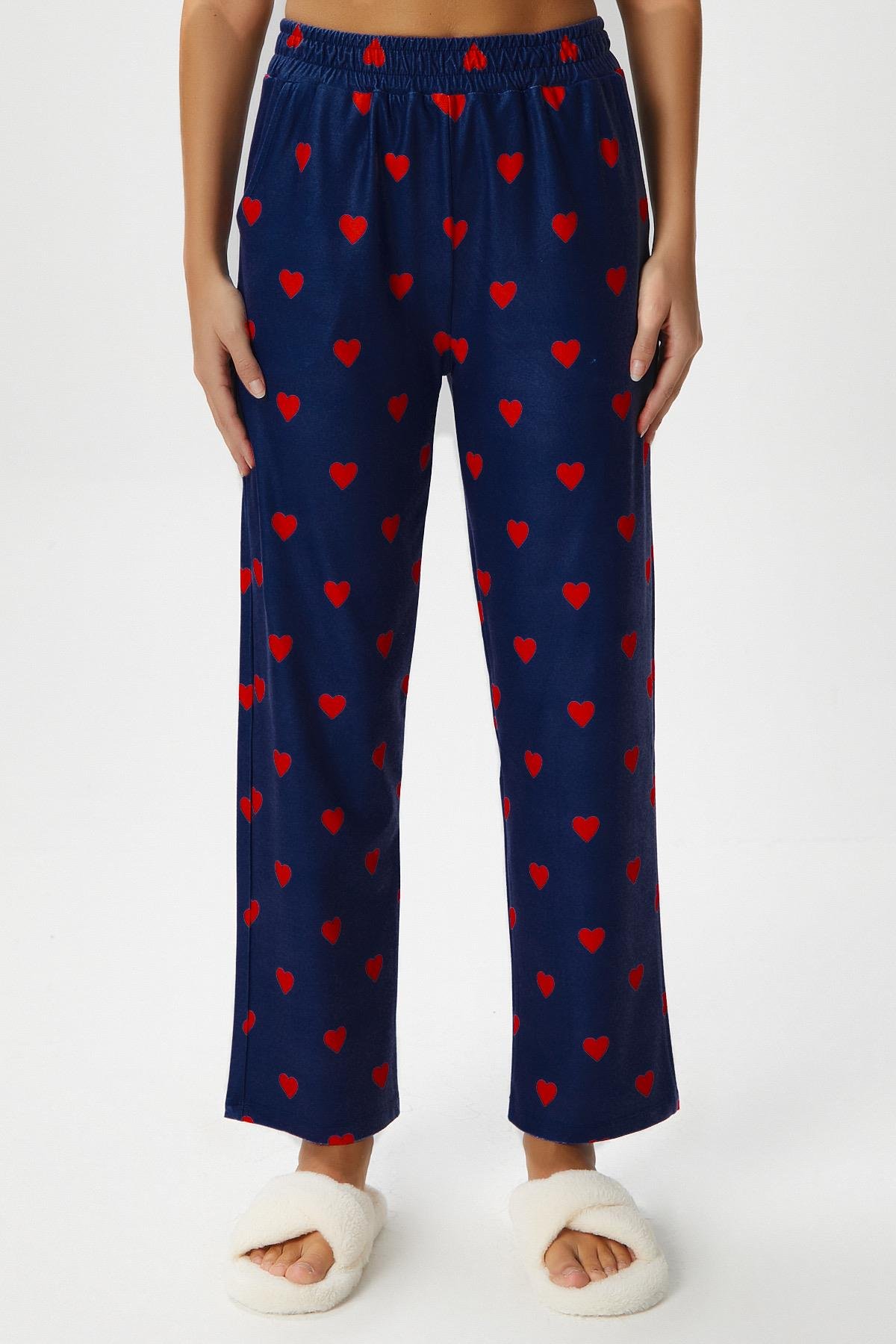 Kadın Teddi Ultra Yumuşak Cepli Lacivert Kalp Desen Yılbaşı Pijama Altı