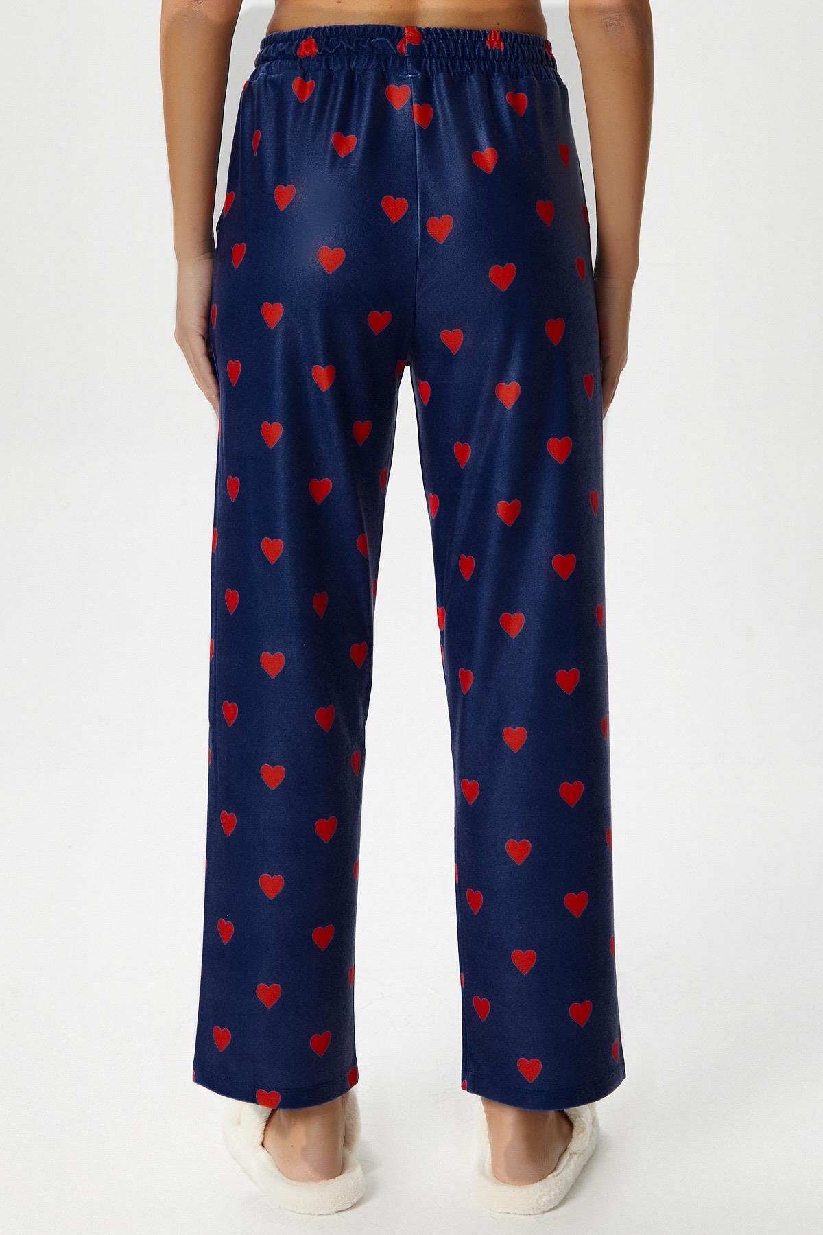 Kadın Teddi Ultra Yumuşak Cepli Lacivert Kalp Desen Yılbaşı Pijama Altı
