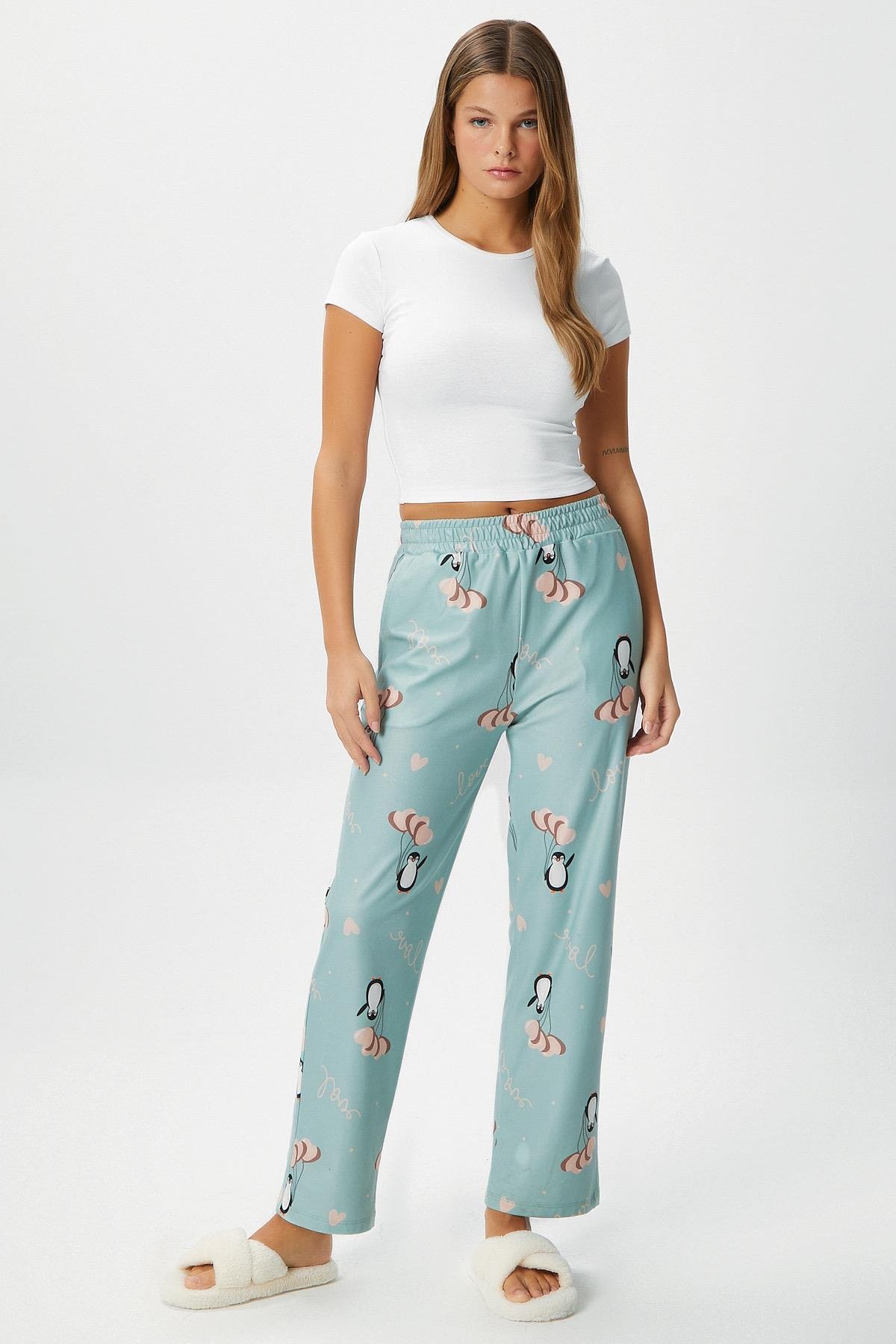Kadın Teddi Ultra Yumuşak Cepli Mint Penguen Desen Yılbaşı Pijama Altı