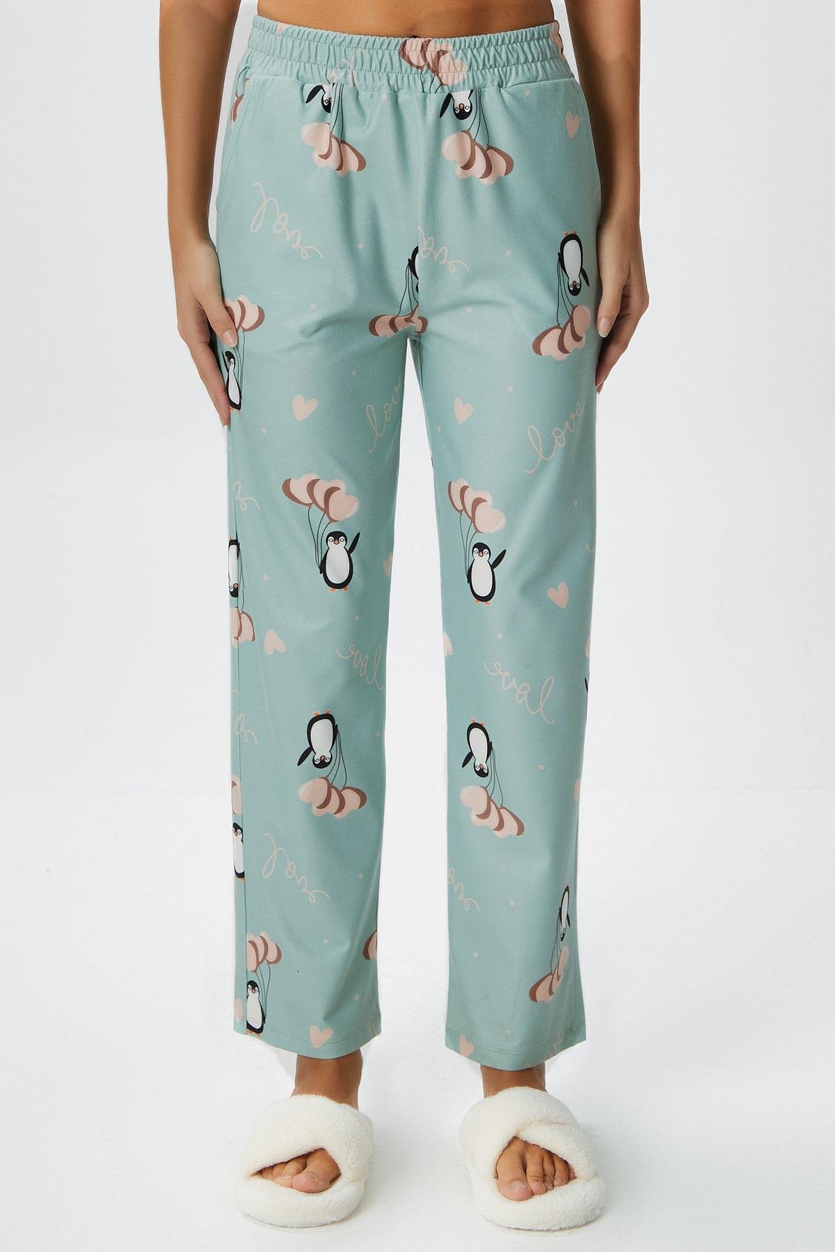 Kadın Teddi Ultra Yumuşak Cepli Mint Penguen Desen Yılbaşı Pijama Altı