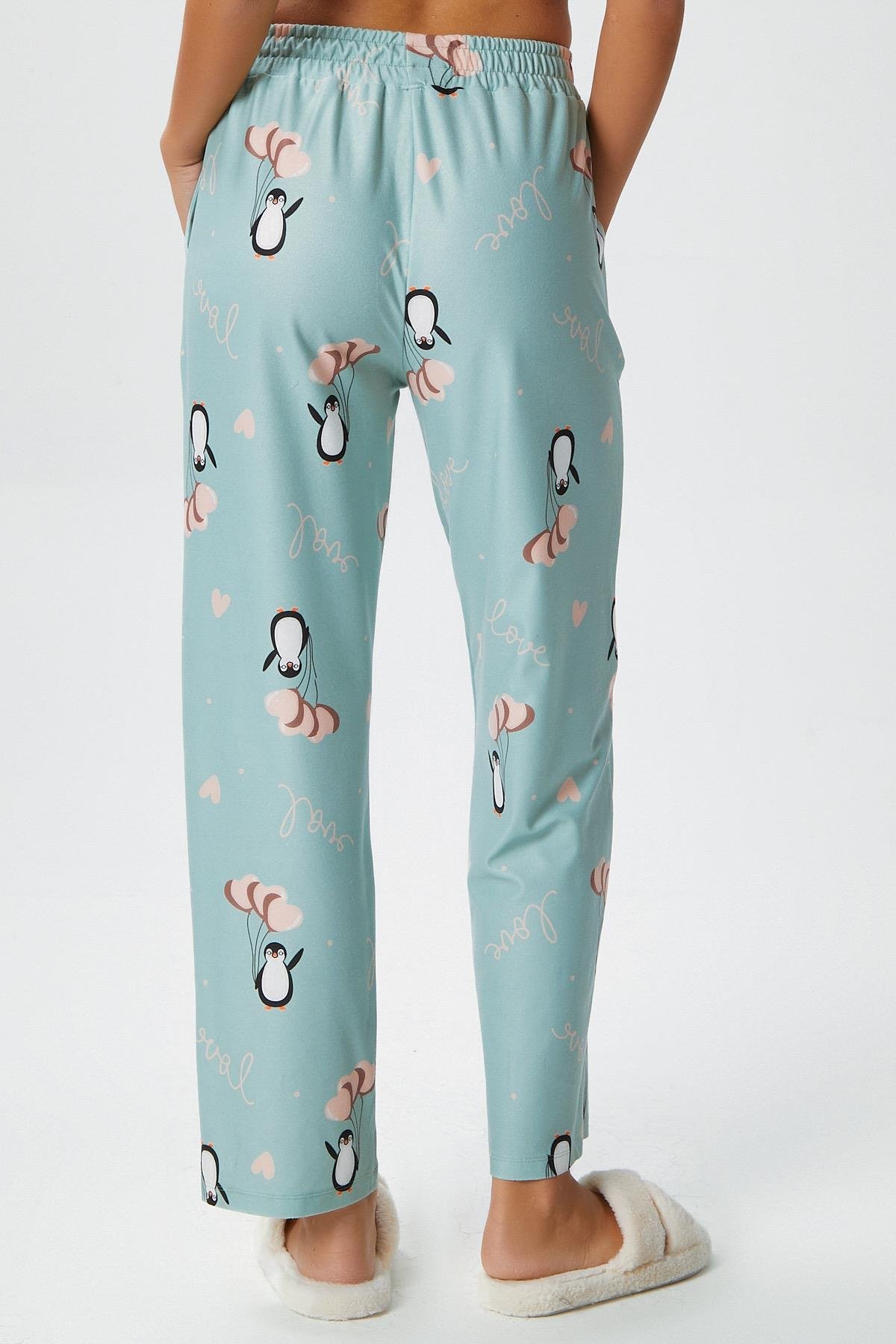 Kadın Teddi Ultra Yumuşak Cepli Mint Penguen Desen Yılbaşı Pijama Altı