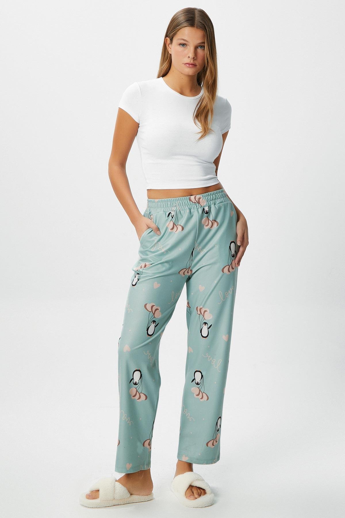 Kadın Teddi Ultra Yumuşak Cepli Mint Penguen Desen Yılbaşı Pijama Altı