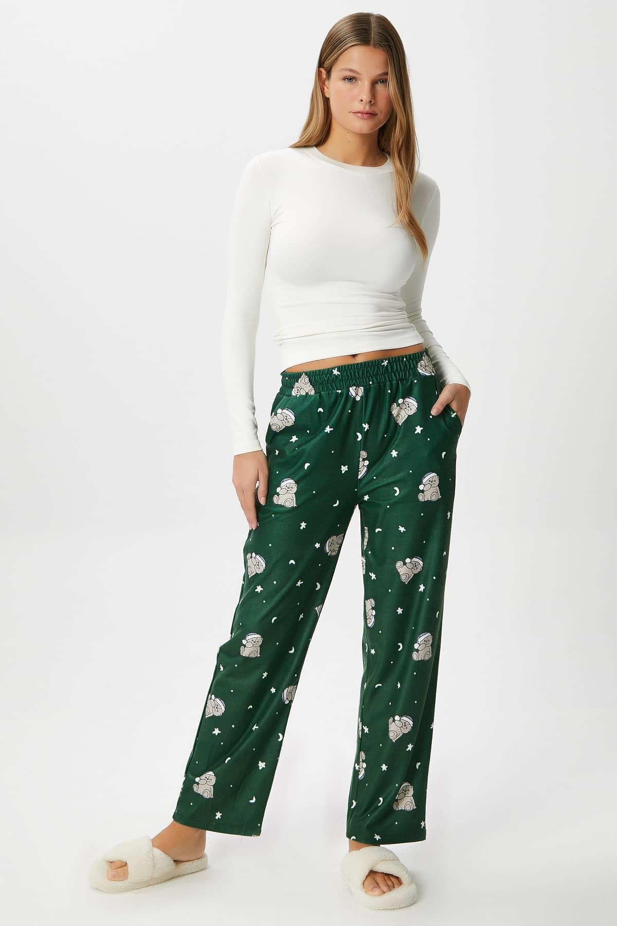 Kadın Teddi Ultra Yumuşak Cepli Yeşil Ayıcık Desen Yılbaşı Pijama Altı