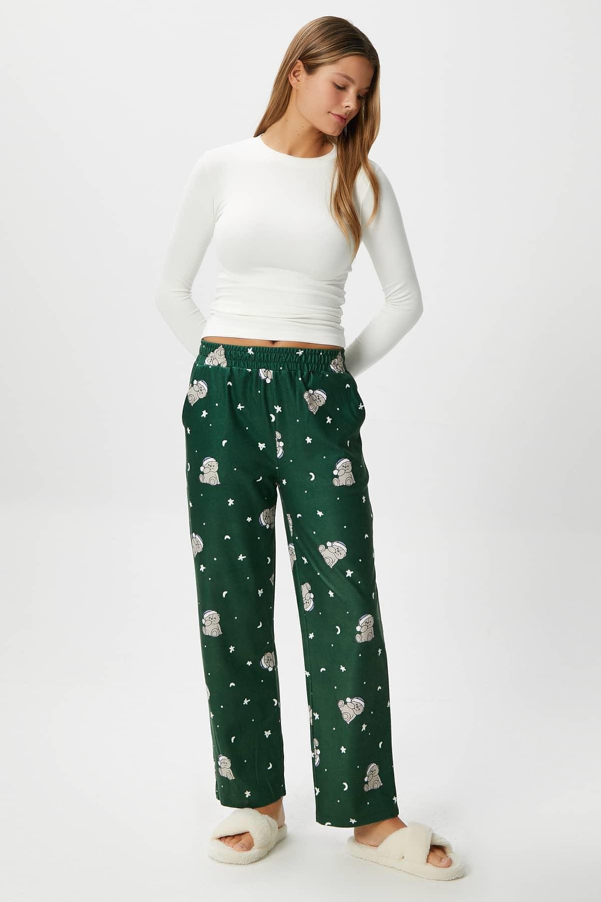 Kadın Teddi Ultra Yumuşak Cepli Yeşil Ayıcık Desen Yılbaşı Pijama Altı