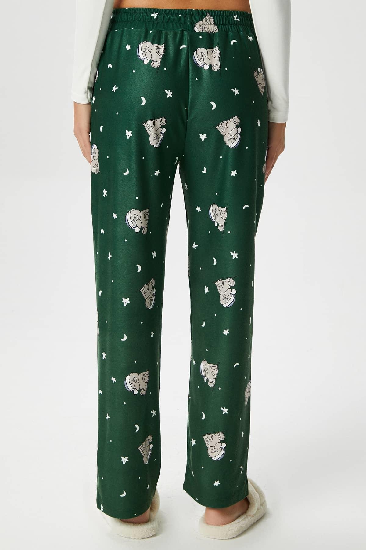 Kadın Teddi Ultra Yumuşak Cepli Yeşil Ayıcık Desen Yılbaşı Pijama Altı