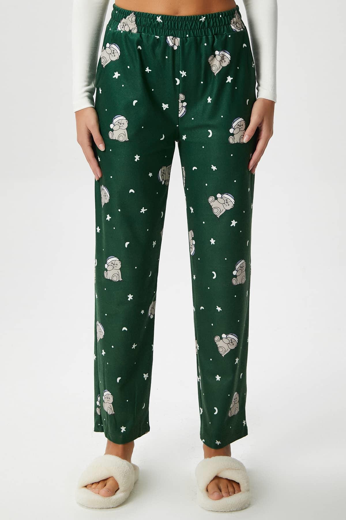 Kadın Teddi Ultra Yumuşak Cepli Yeşil Ayıcık Desen Yılbaşı Pijama Altı