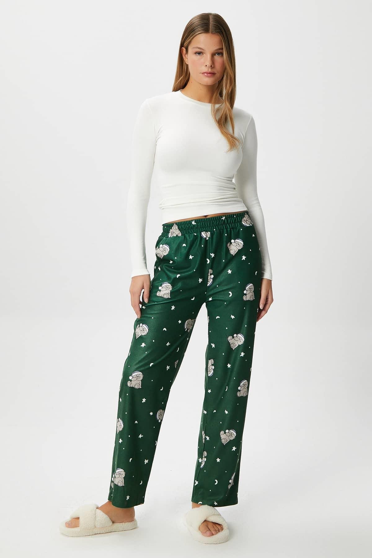 Kadın Teddi Ultra Yumuşak Cepli Yeşil Ayıcık Desen Yılbaşı Pijama Altı
