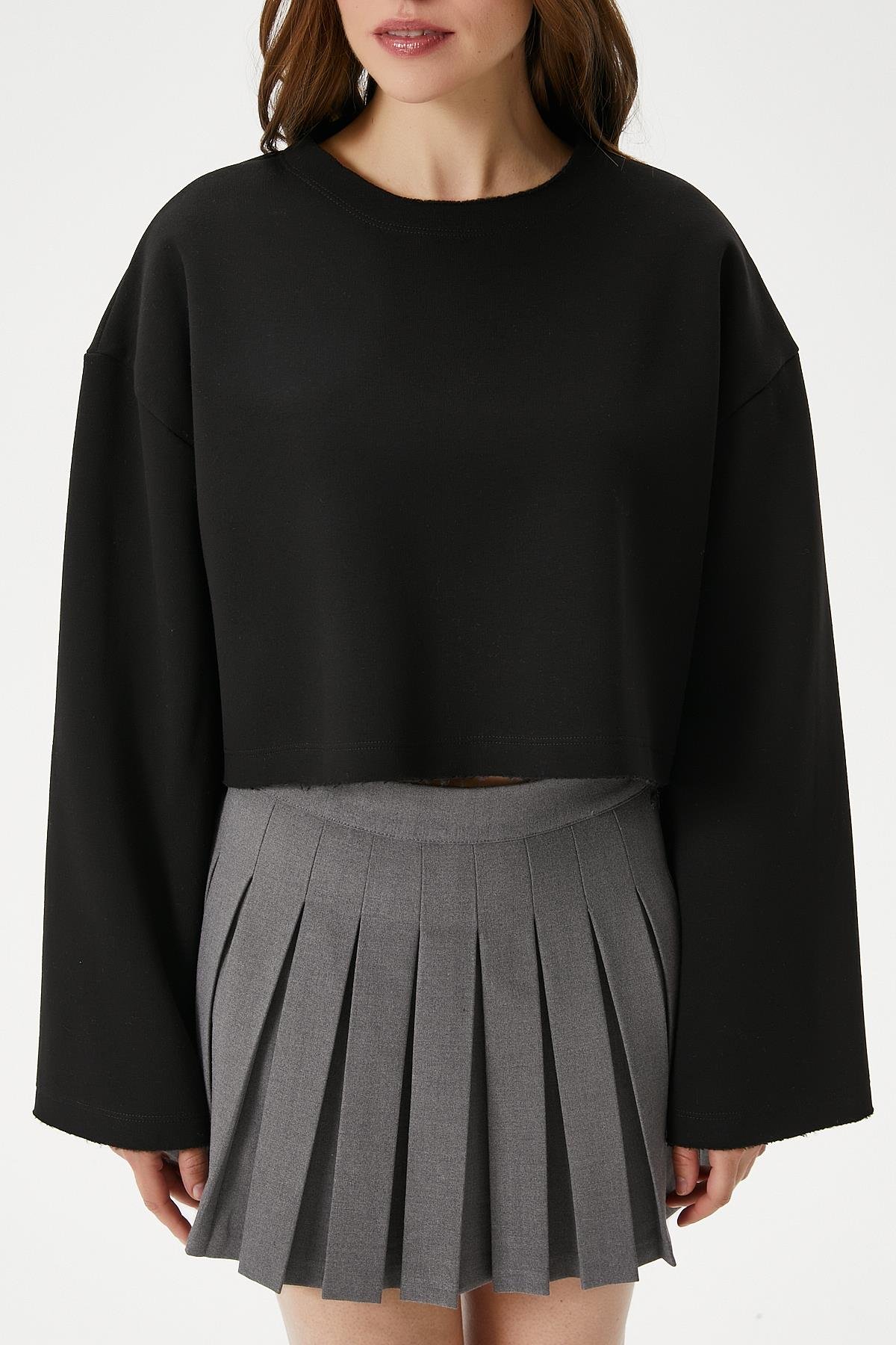 Kadın Vegas Siyah Şardonlu Crop Sweatshirt