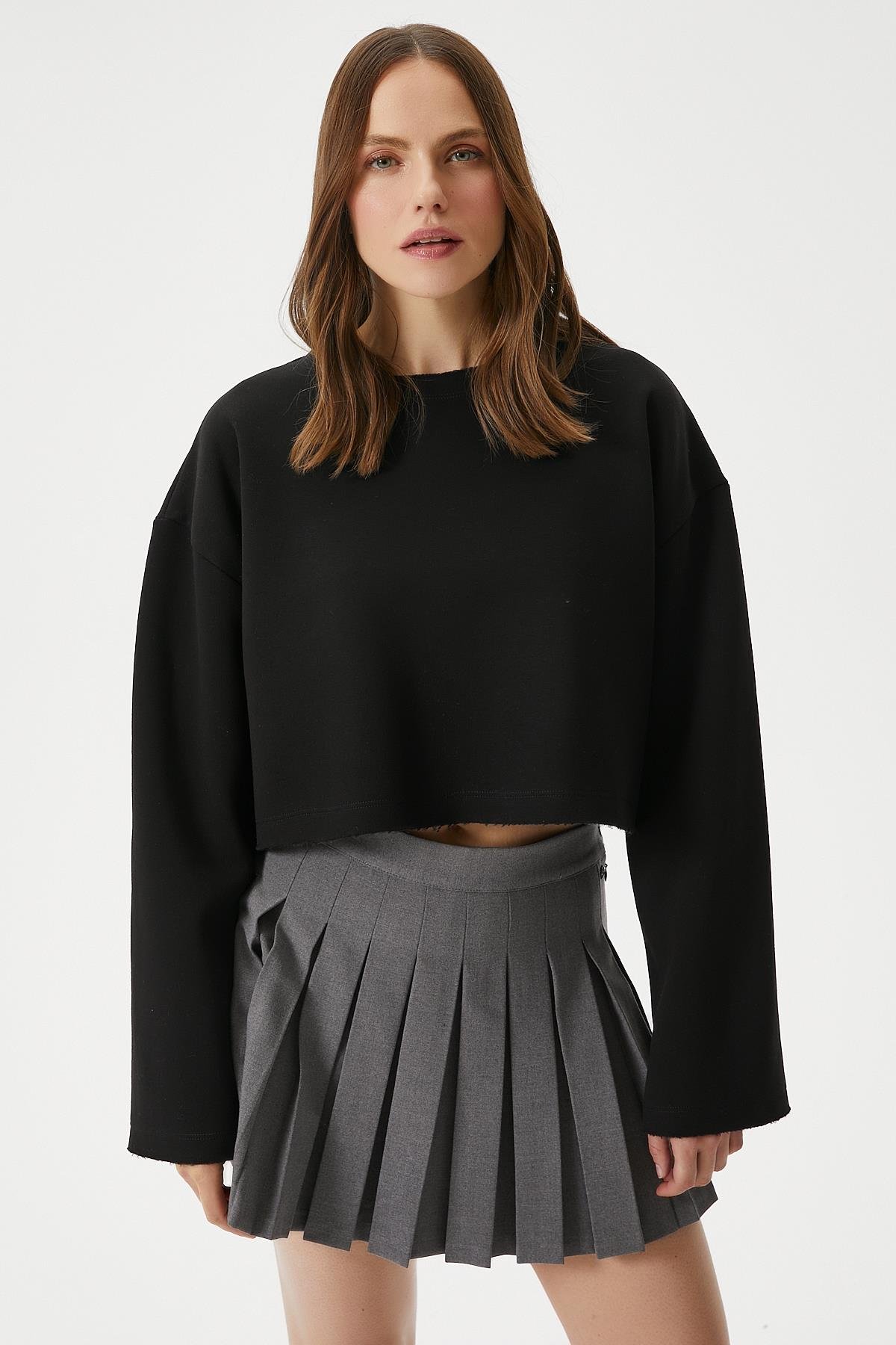 Kadın Vegas Siyah Şardonlu Crop Sweatshirt