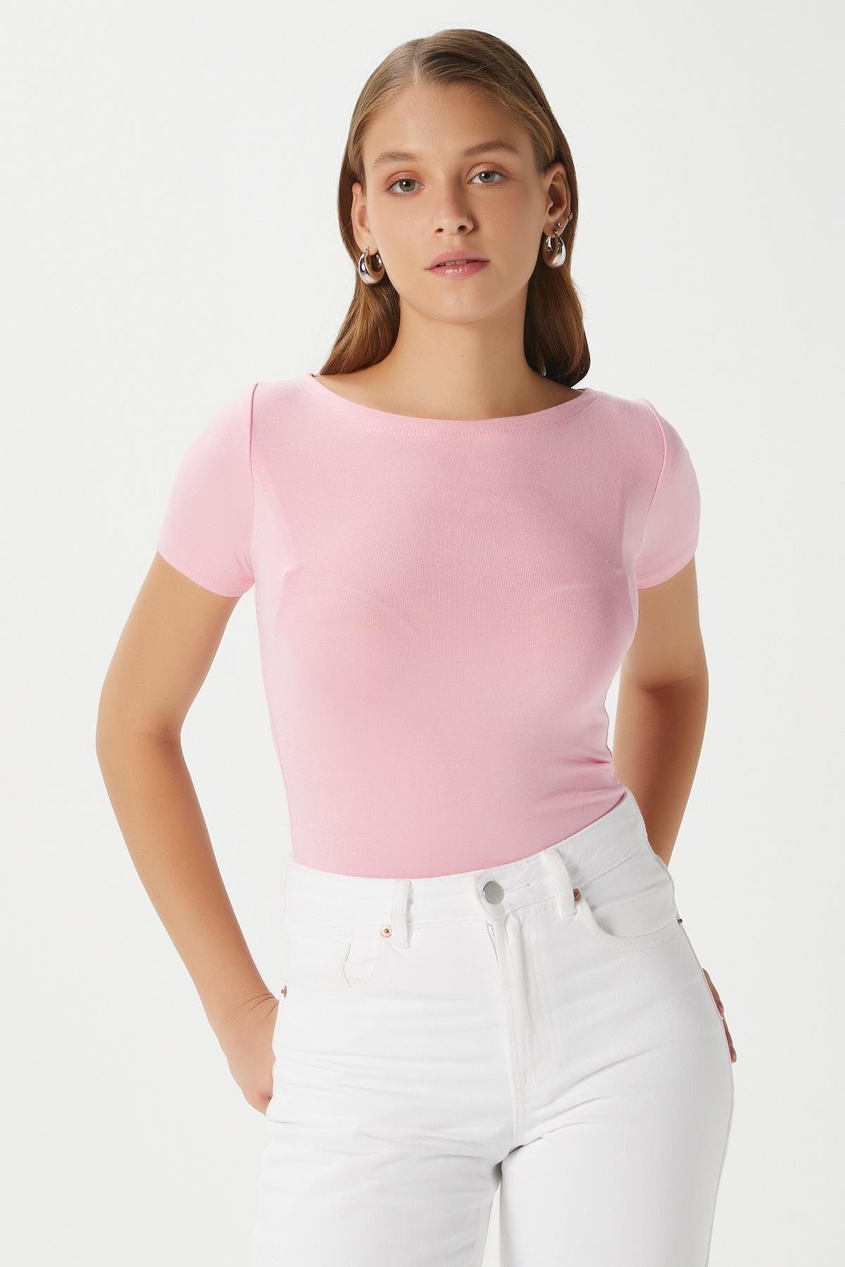 Kadın Velvet Kayık Yaka Lux Touch Yumuşak Doku Kısa Kol Pembe Bluz