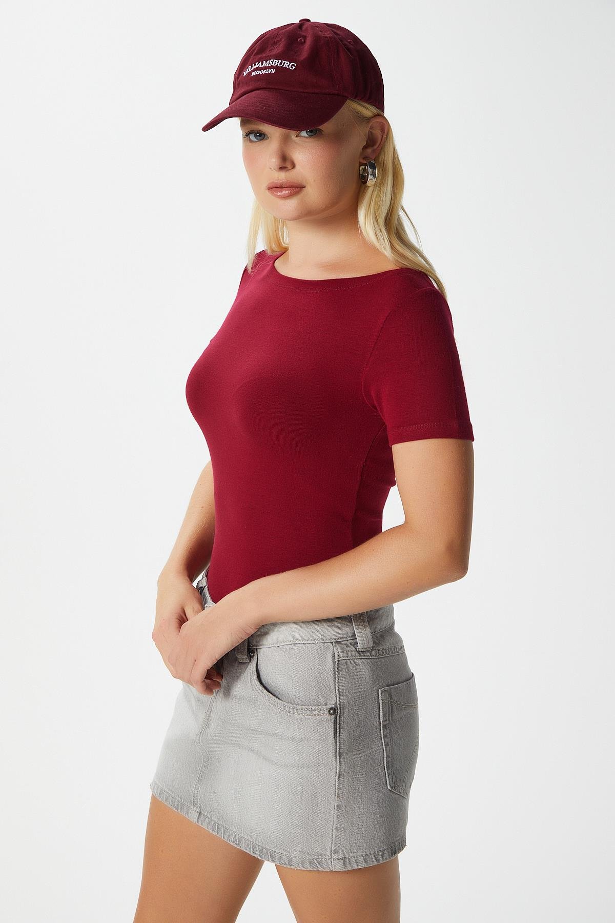 Kadın Velvet Kayık Yaka Lux Touch Yumuşak Doku Kısa Kol Bordo Bluz