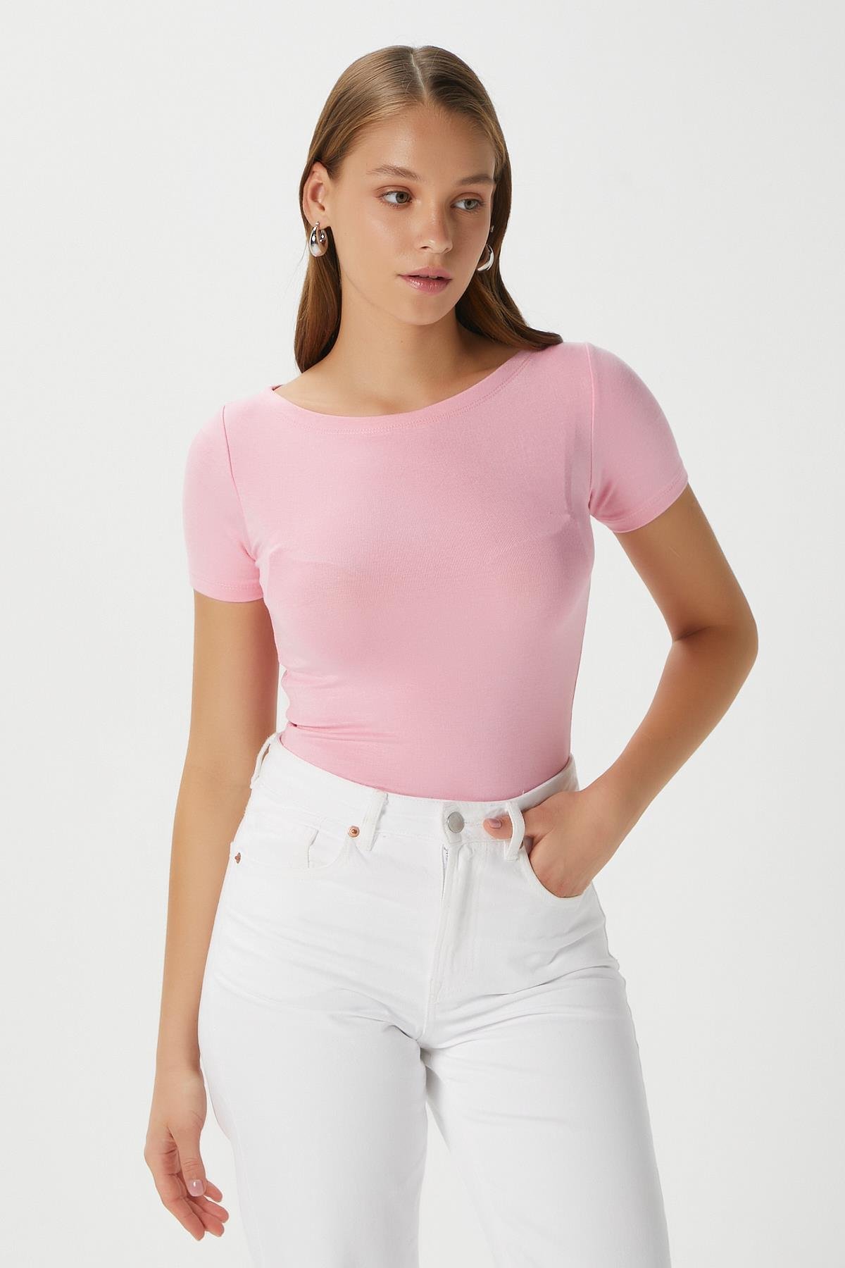 Kadın Velvet Kayık Yaka Lux Touch Yumuşak Doku Kısa Kol Pembe Bluz