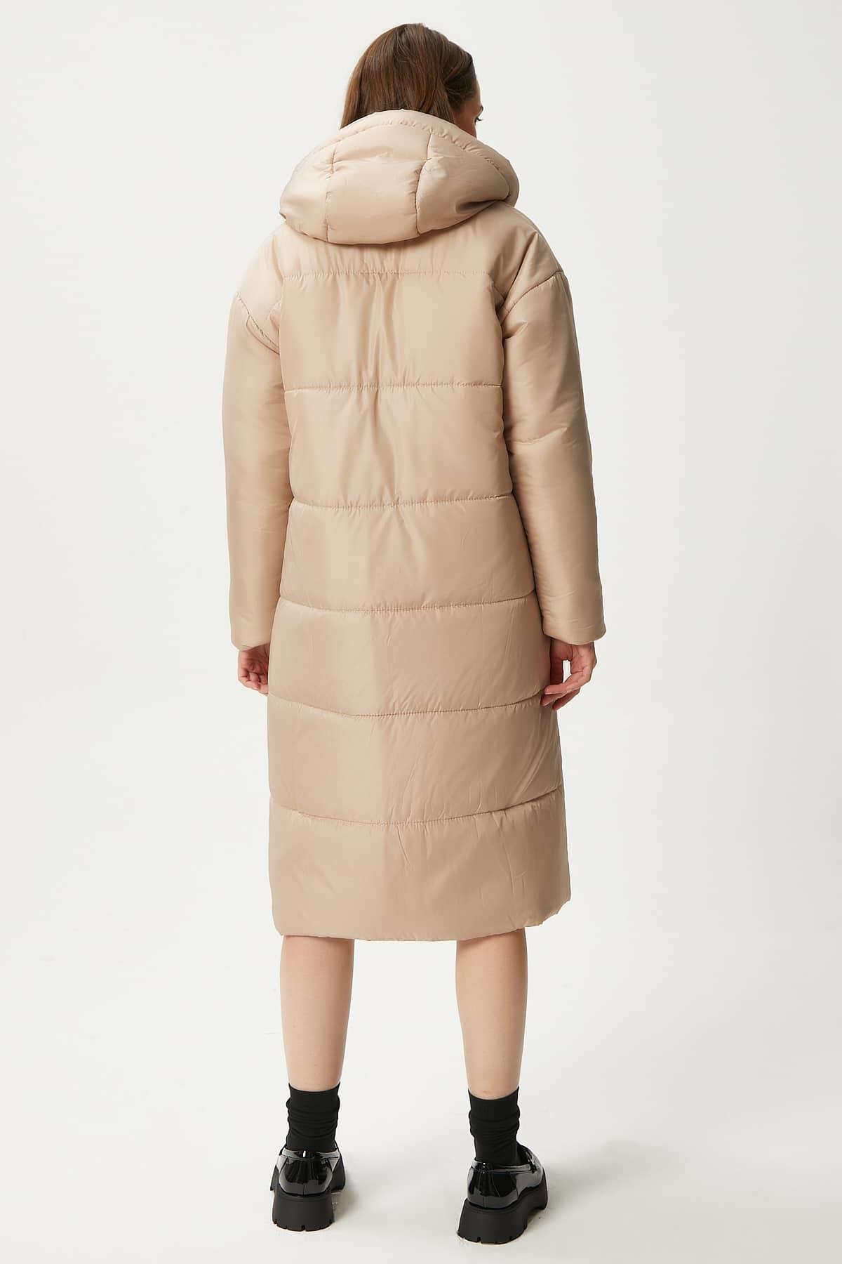 Kadın Warm Bej Kapüşonlu Uzun Şişme Kaban