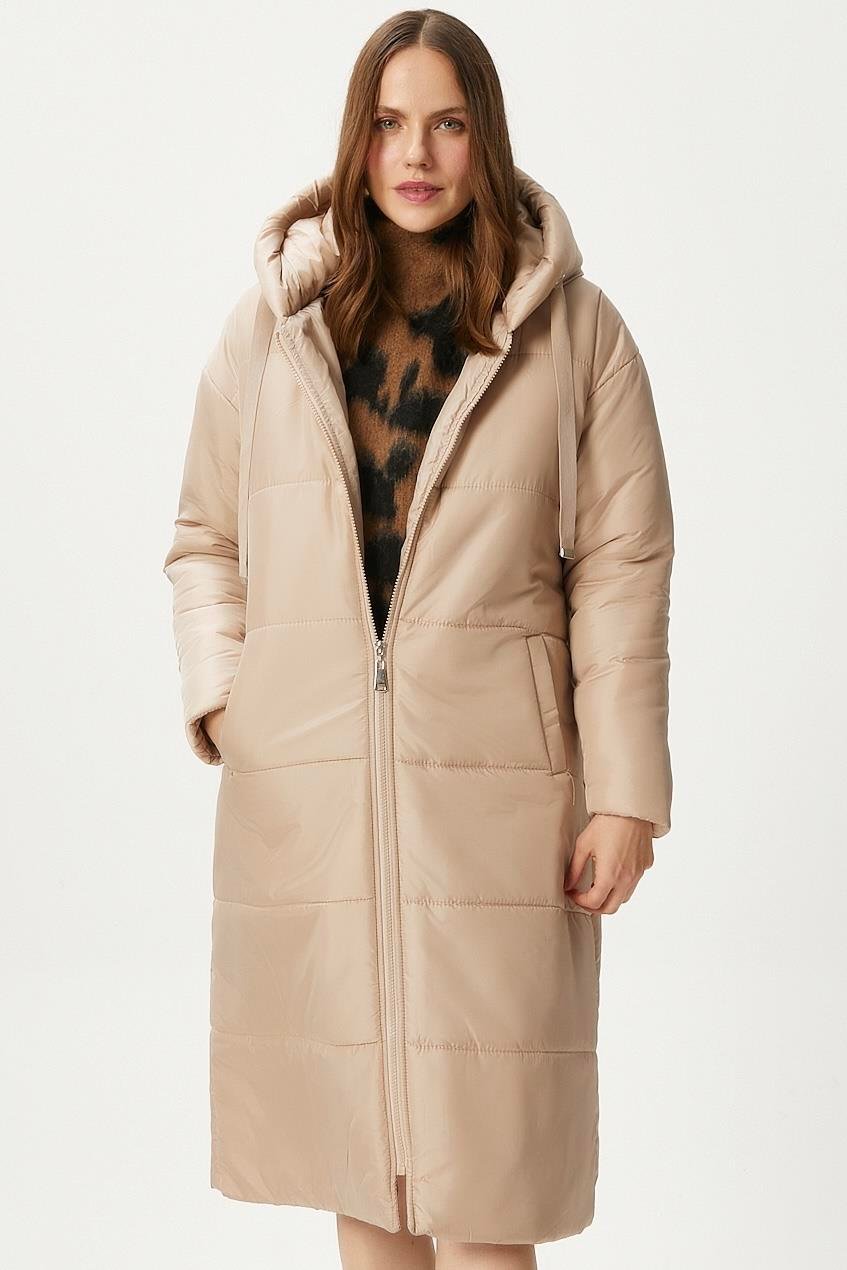 Kadın Warm Bej Kapüşonlu Uzun Şişme Kaban