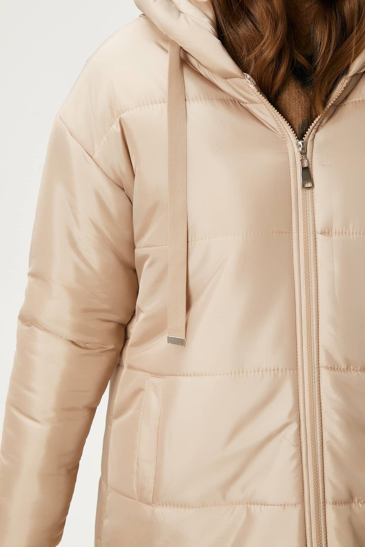 Kadın Warm Bej Kapüşonlu Uzun Şişme Kaban