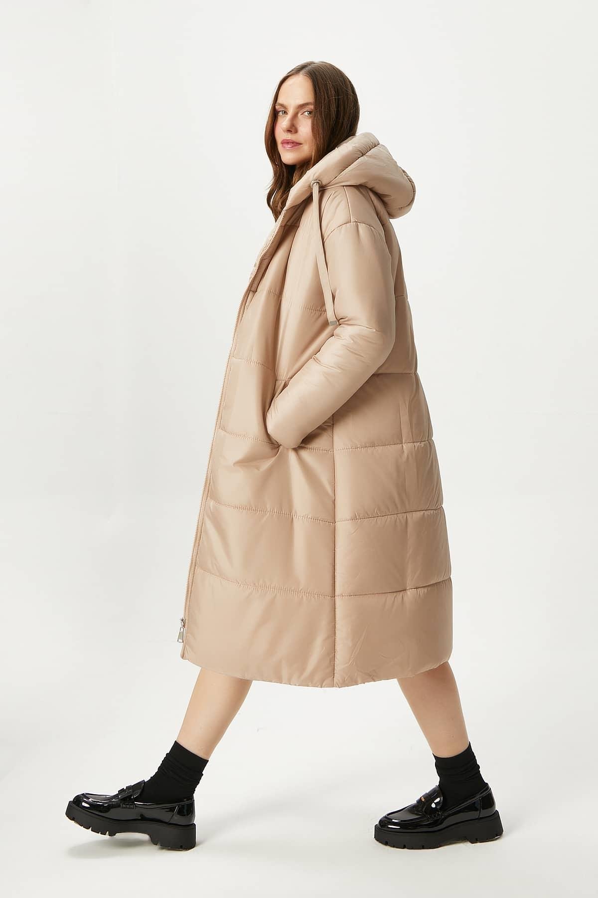Kadın Warm Bej Kapüşonlu Uzun Şişme Kaban