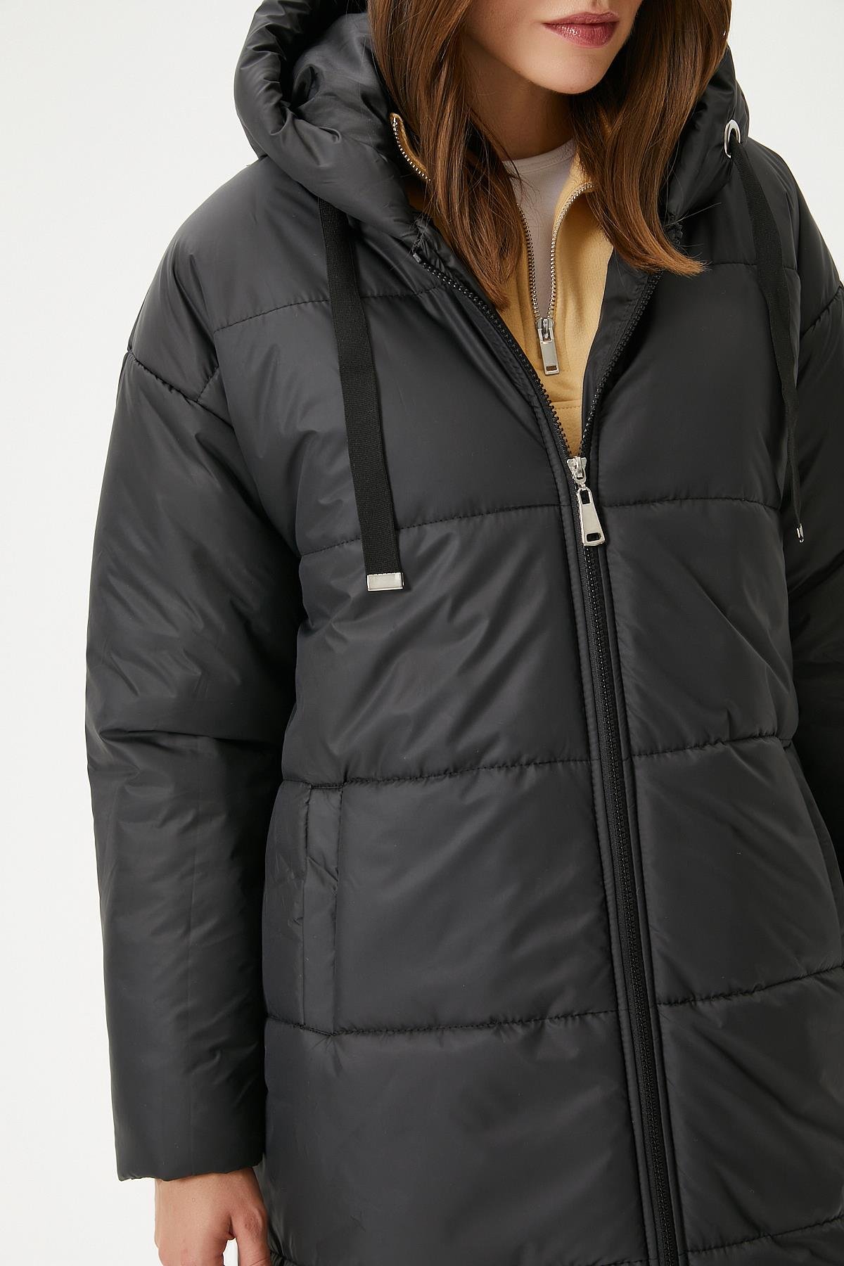 Kadın Warm Kapüşonlu Uzun Şişme Kaban