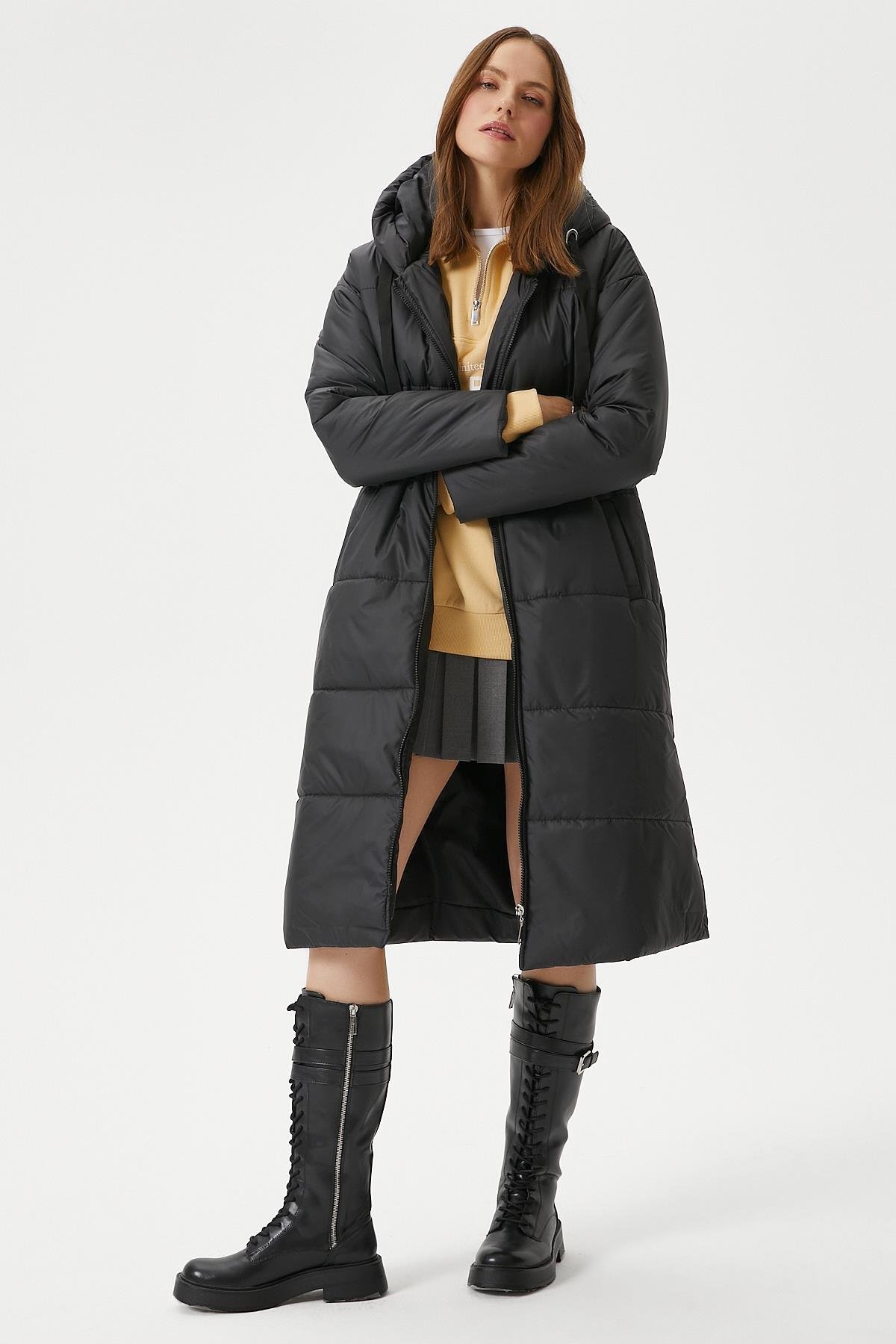 Kadın Warm Kapüşonlu Uzun Şişme Kaban