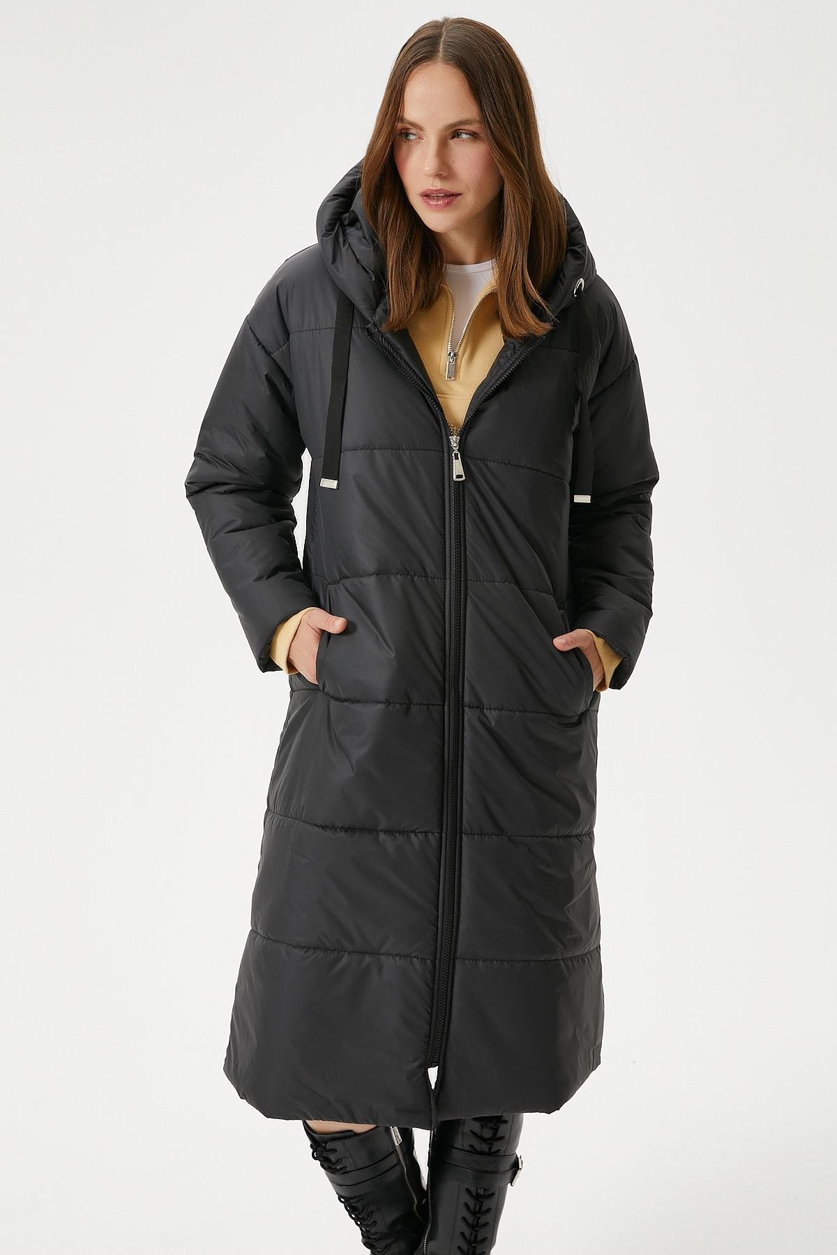 Kadın Warm Kapüşonlu Uzun Şişme Kaban