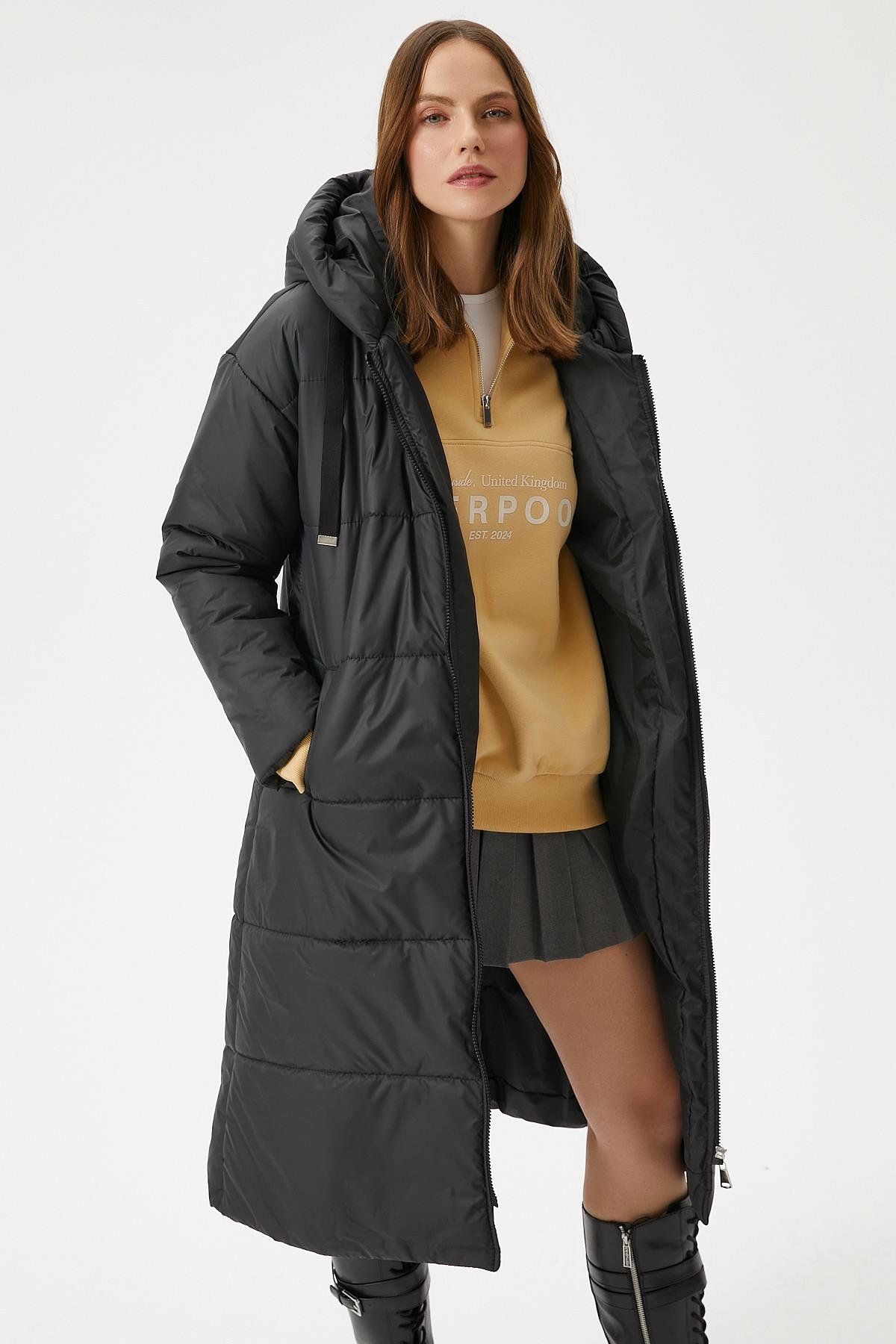 Kadın Warm Kapüşonlu Uzun Şişme Kaban