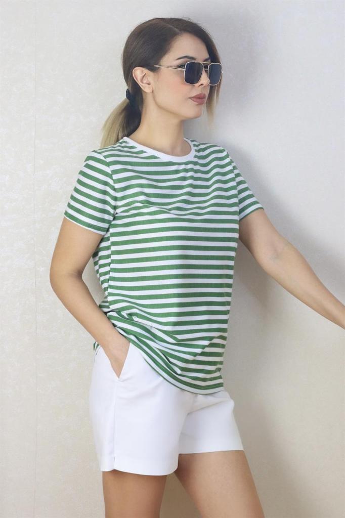 Kadın Yeşil Beyaz Çizgili Basic T-Shirt