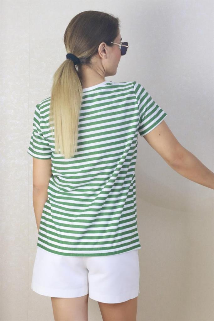 Kadın Yeşil Beyaz Çizgili Basic T-Shirt