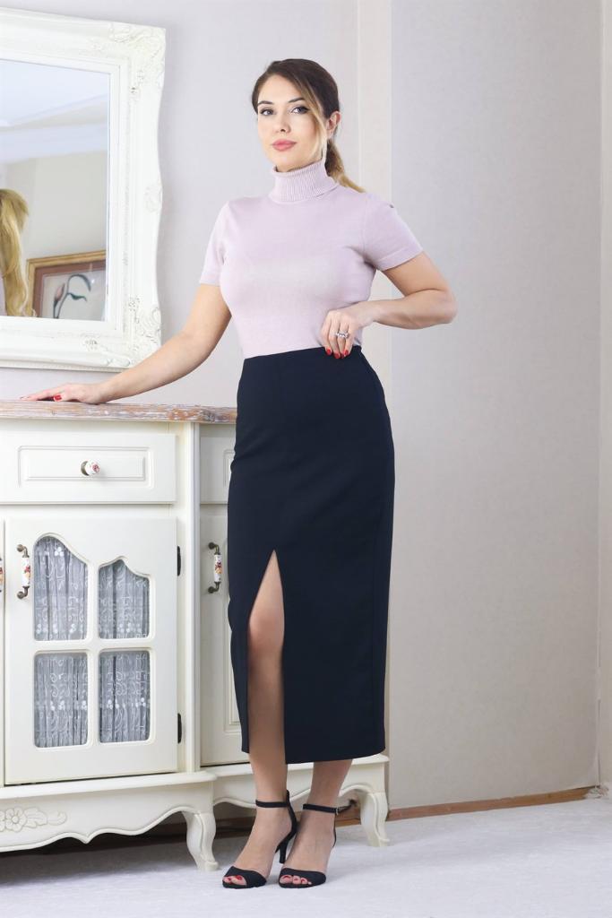 Kadın Yırtmaçlı Uzun Kumaş Siyah Etek