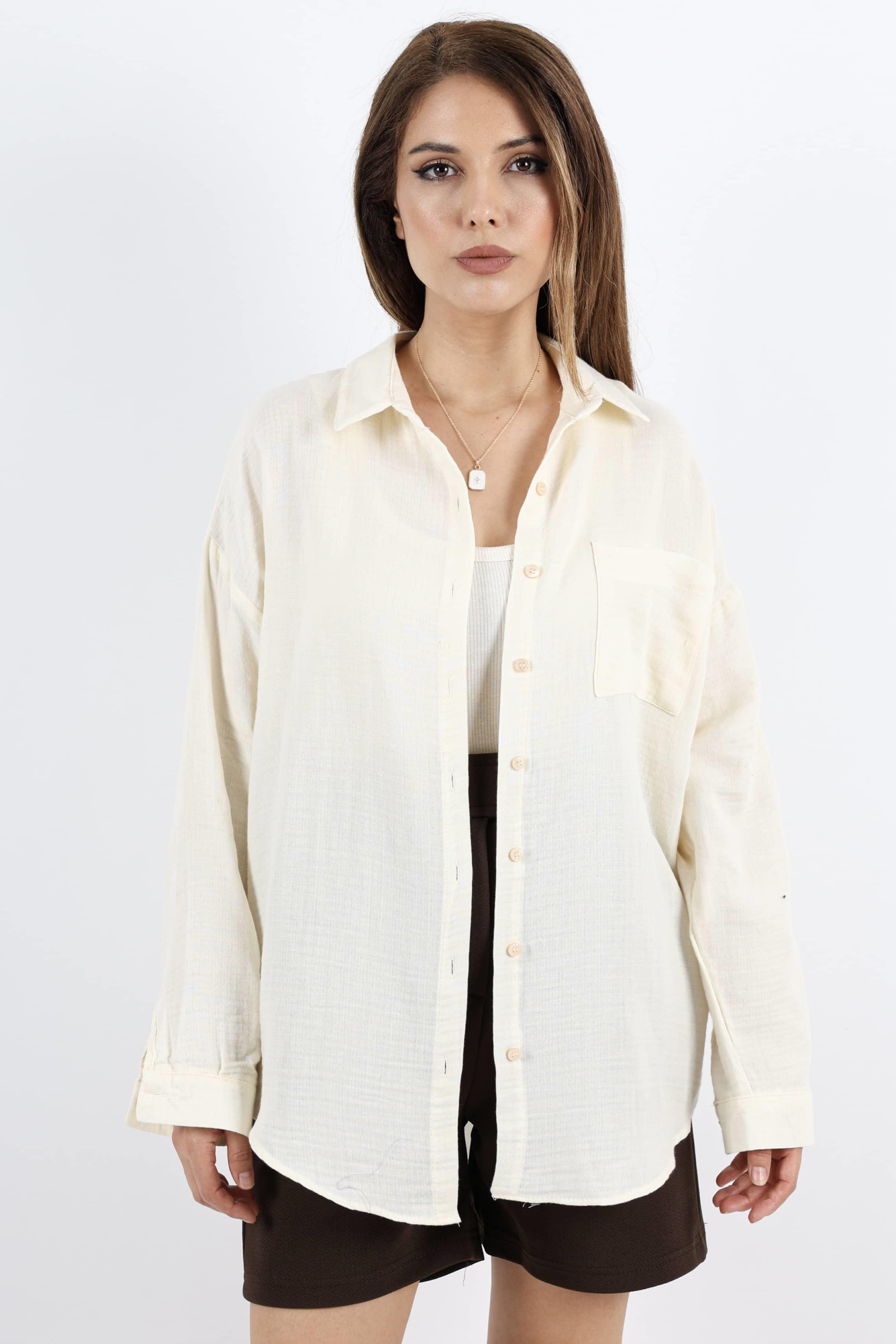 Kadın Yumuşak Müslin Kumaş Uzun Krem Oversize Gömlek