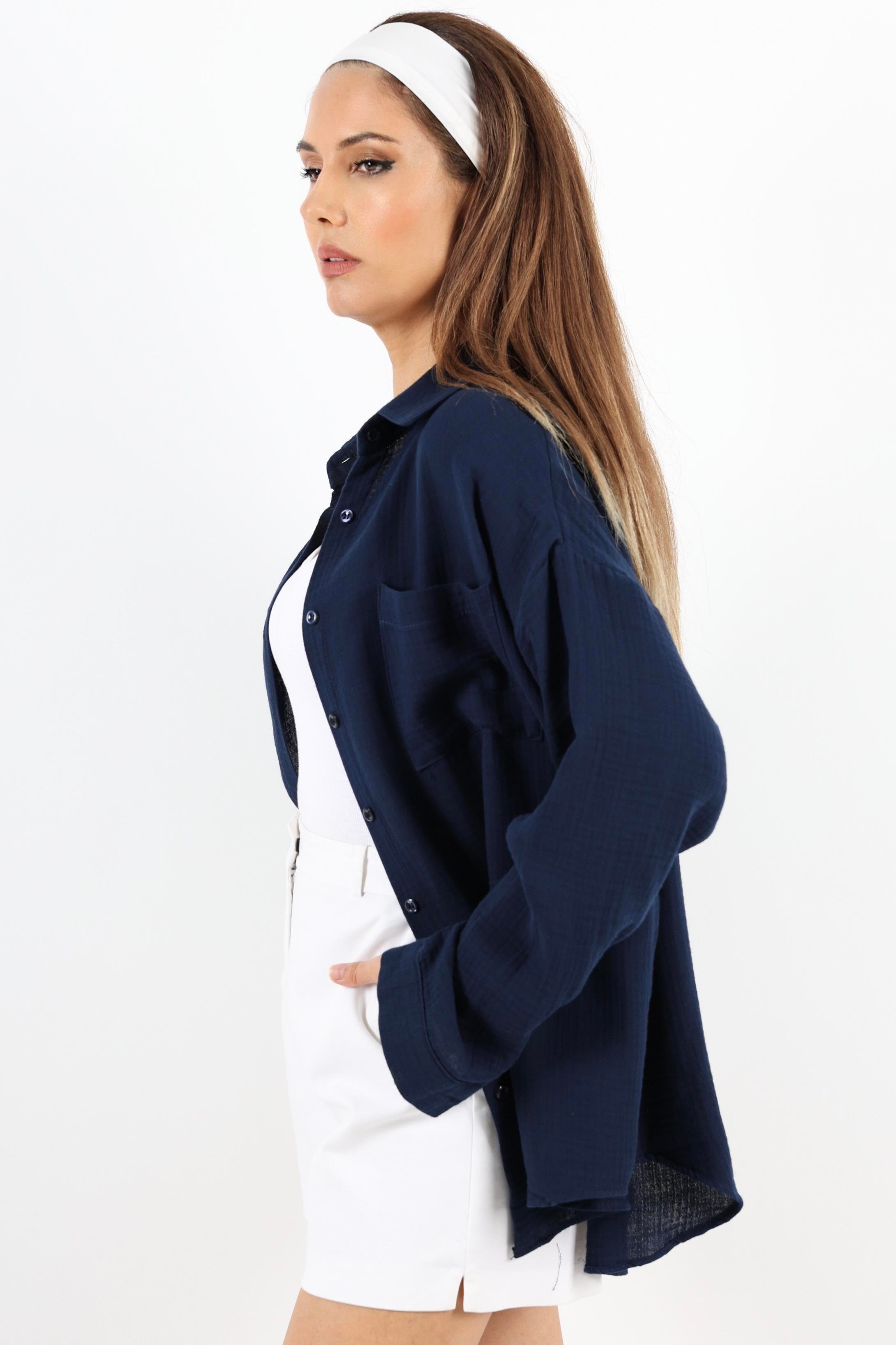 Kadın Yumuşak Müslin Kumaş Uzun Lacivert Oversize Gömlek