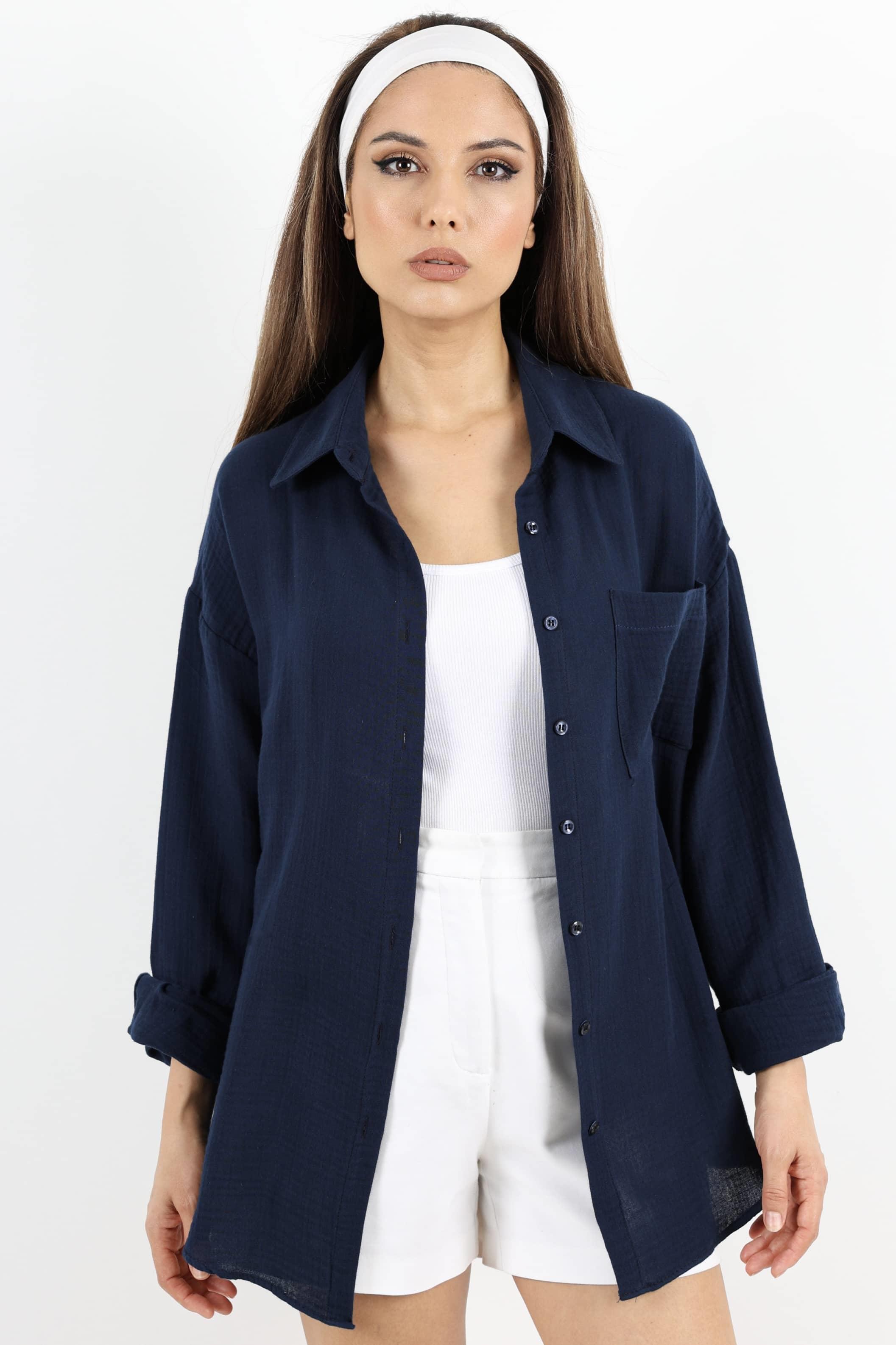 Kadın Yumuşak Müslin Kumaş Uzun Lacivert Oversize Gömlek