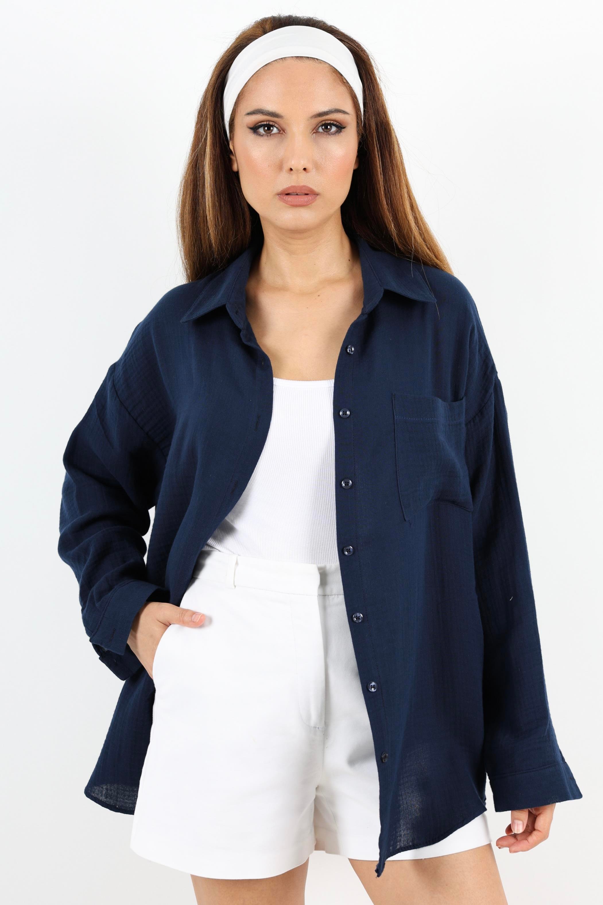 Kadın Yumuşak Müslin Kumaş Uzun Lacivert Oversize Gömlek