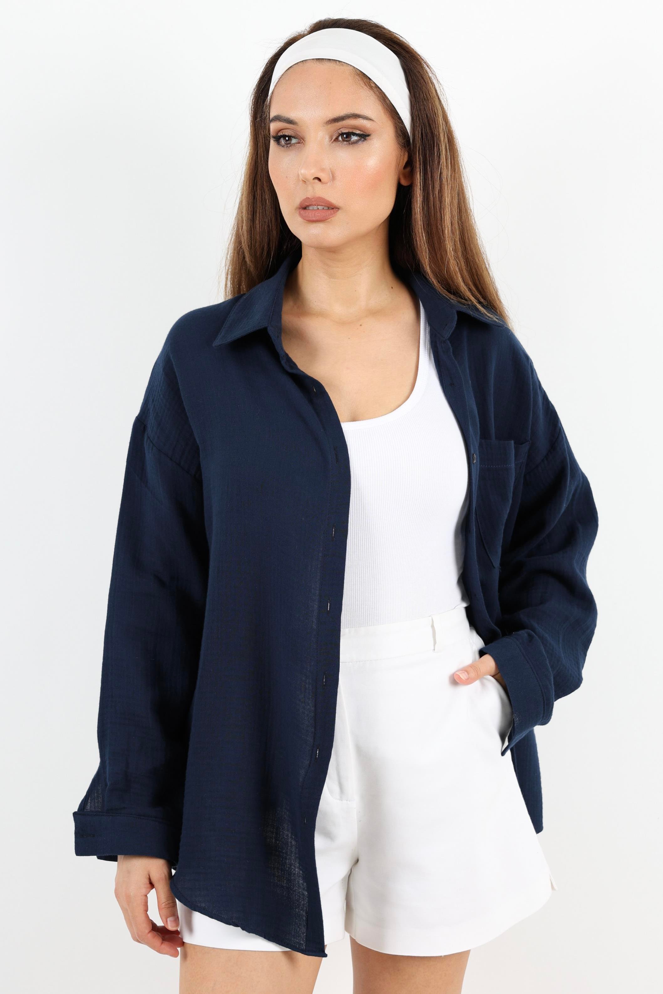 Kadın Yumuşak Müslin Kumaş Uzun Lacivert Oversize Gömlek