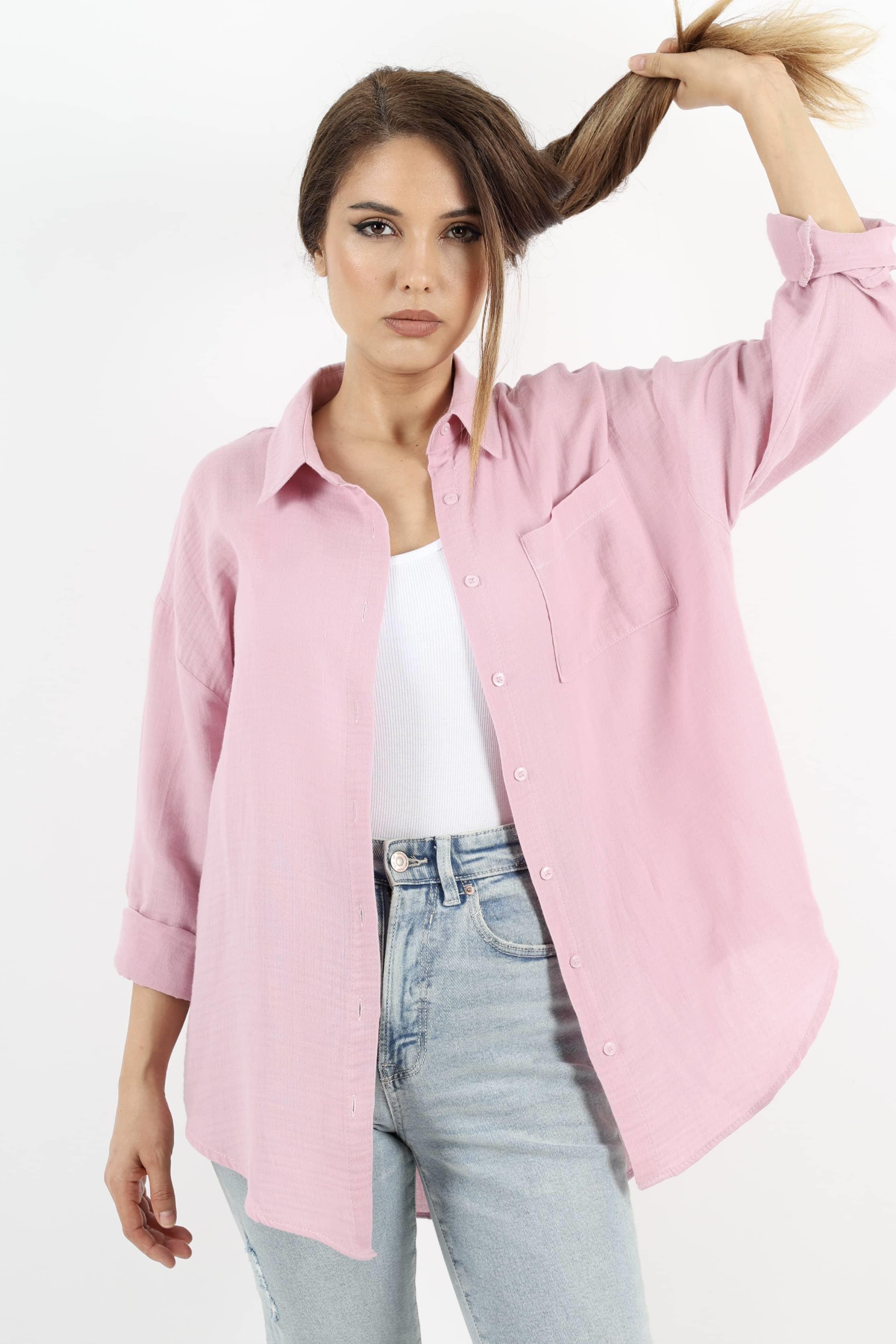 Kadın Yumuşak Müslin Kumaş Uzun Pudra Oversize Gömlek