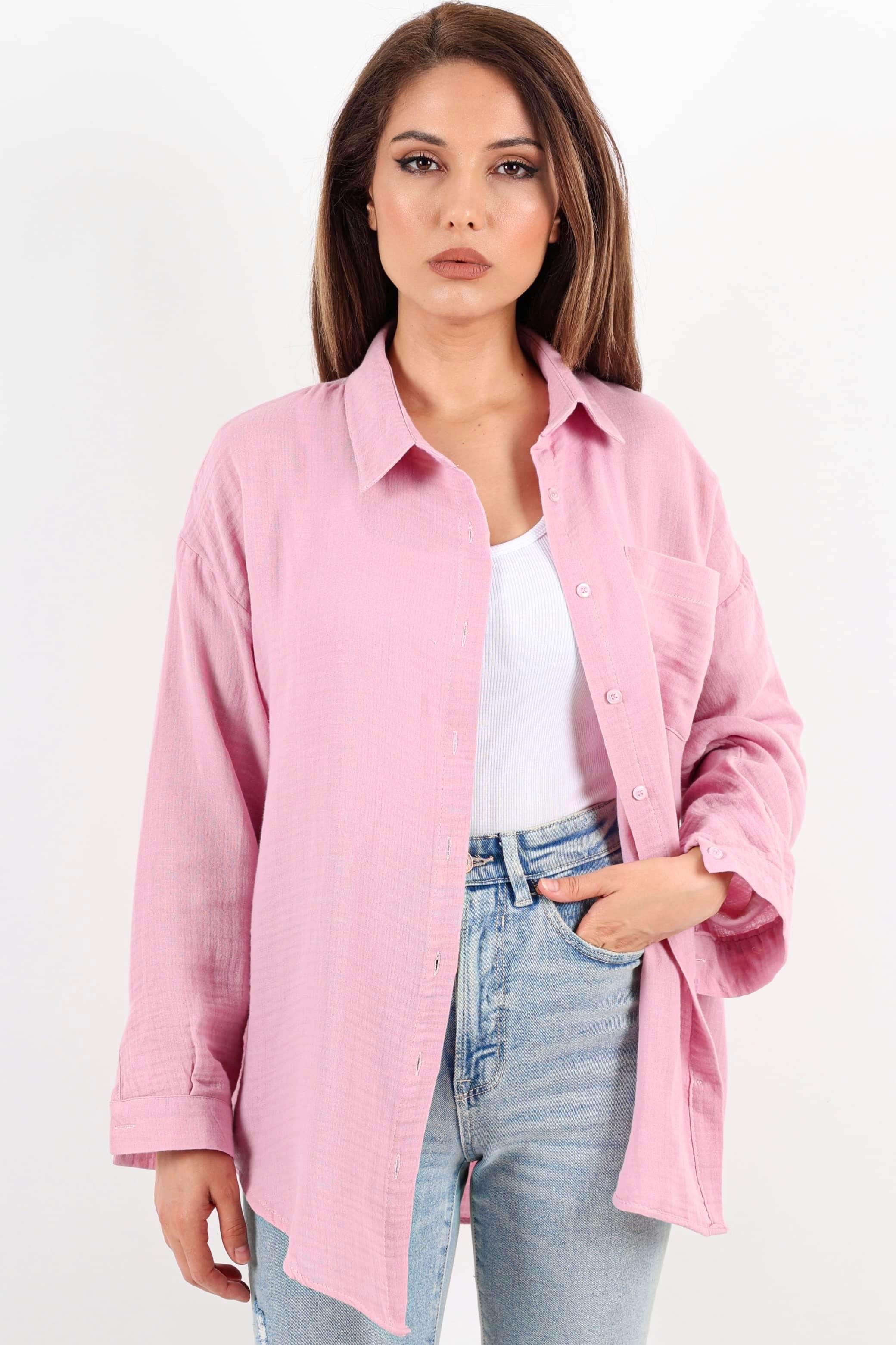 Kadın Yumuşak Müslin Kumaş Uzun Pudra Oversize Gömlek