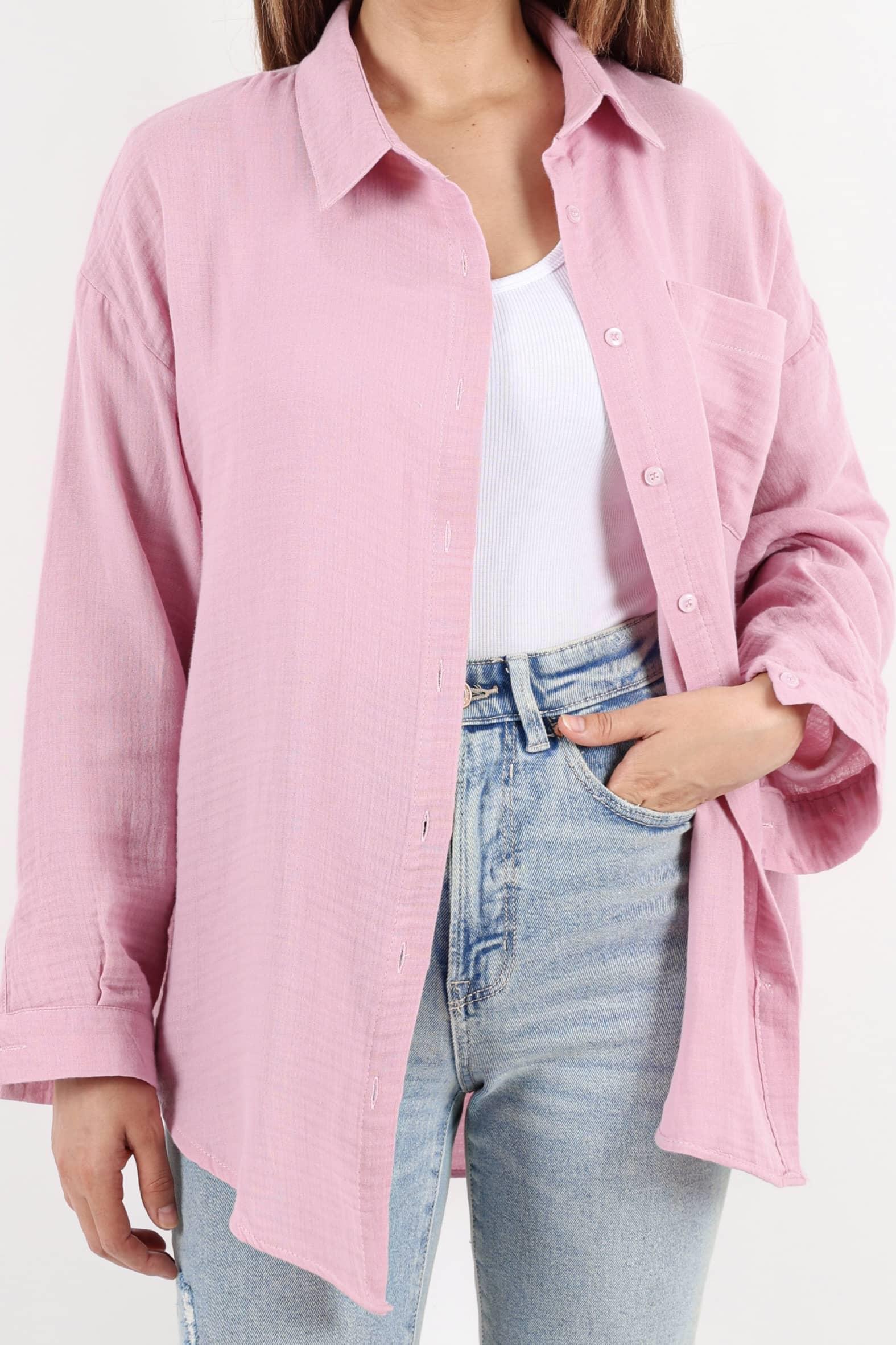 Kadın Yumuşak Müslin Kumaş Uzun Pudra Oversize Gömlek