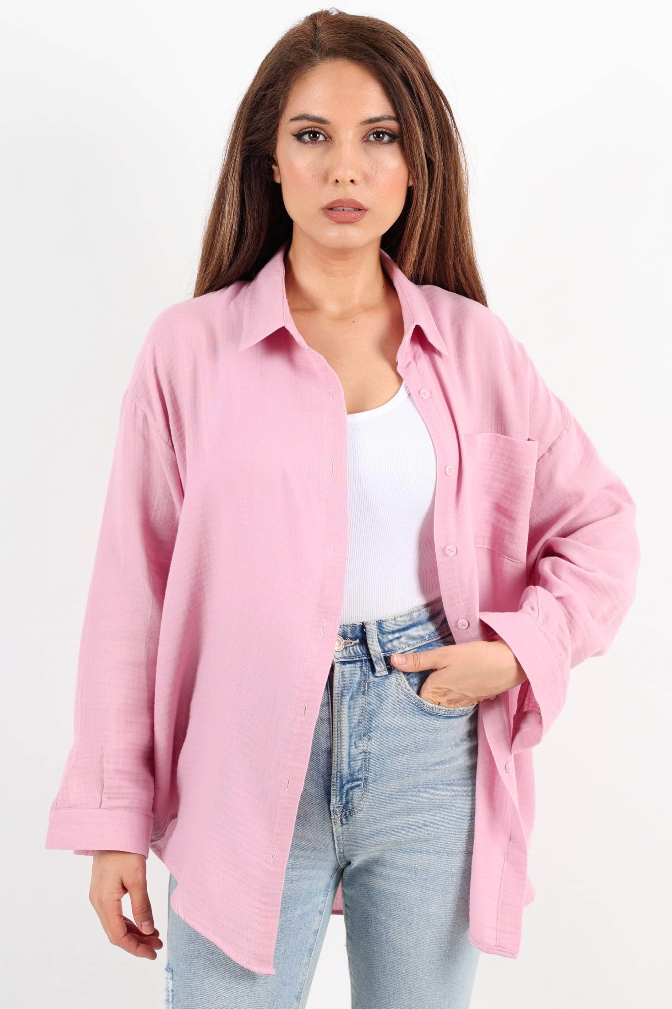 Kadın Yumuşak Müslin Kumaş Uzun Pudra Oversize Gömlek