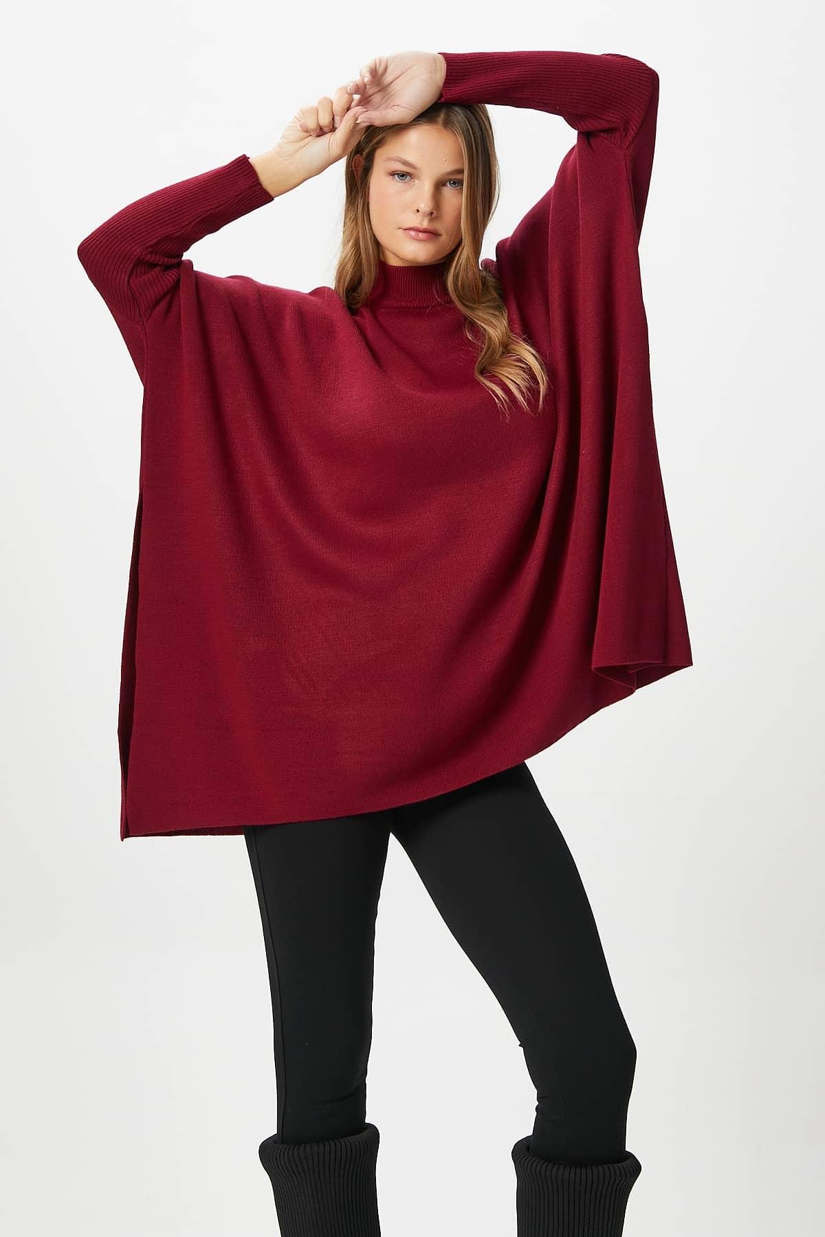 Kadın Zenta Oversize Yan Yırtmaçlı Bordo Triko Kazak