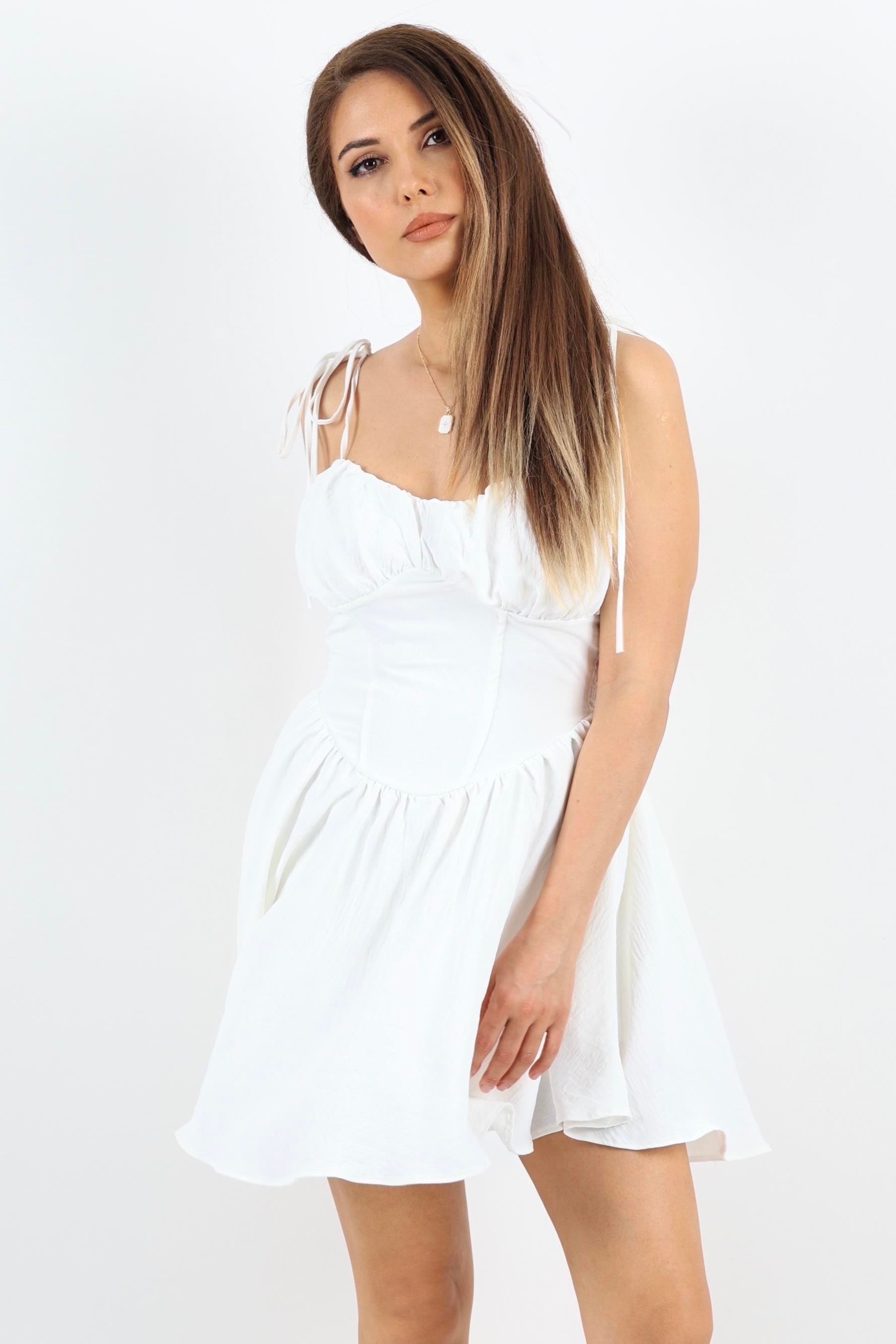 Korse Görünümlü Astarlı Sırt Lastik Detay Beyaz  Kısa Elbise