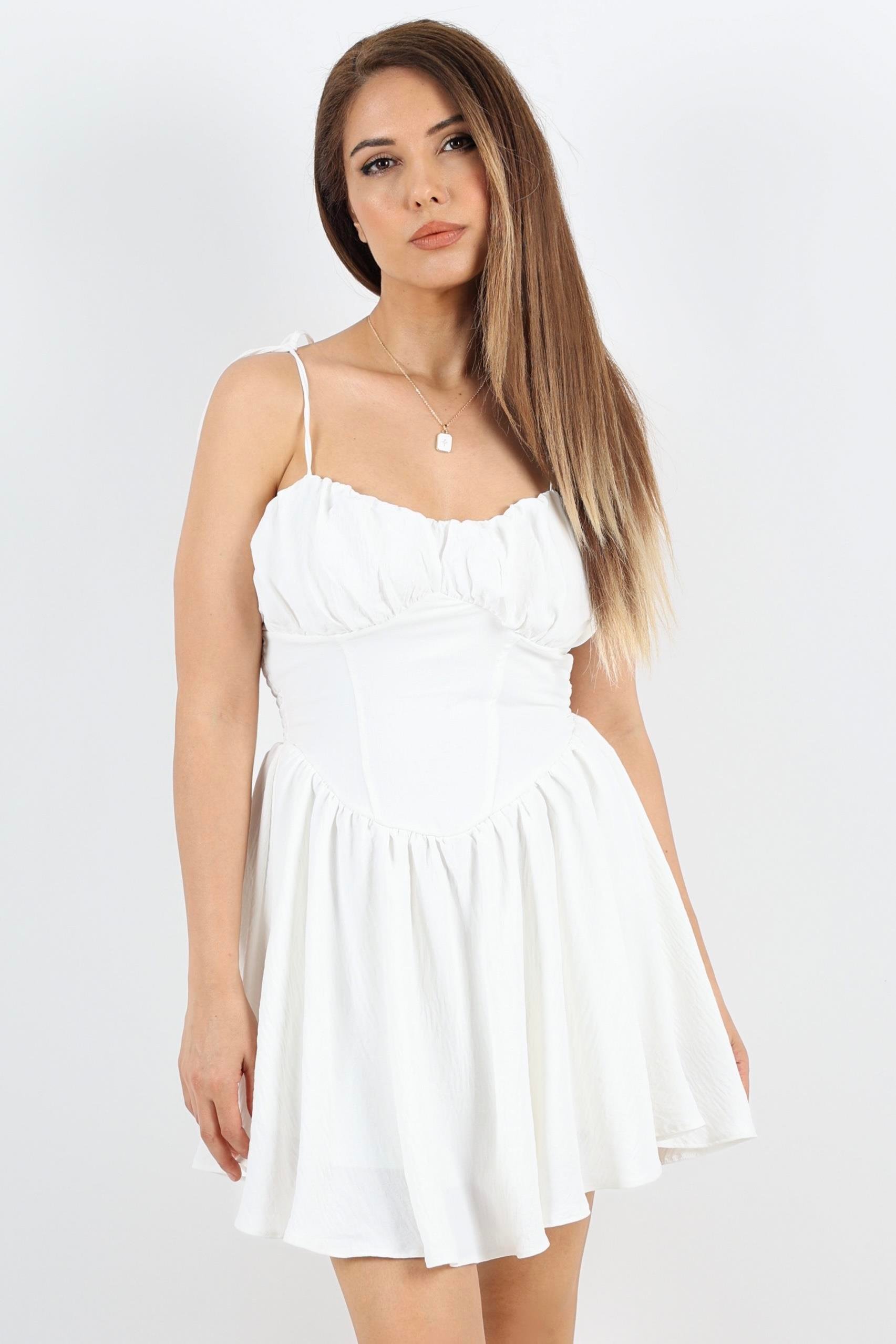 Korse Görünümlü Astarlı Sırt Lastik Detay Beyaz  Kısa Elbise